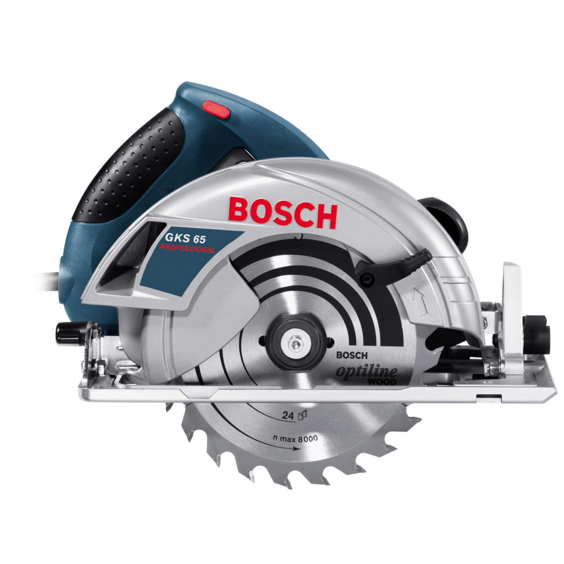 Sierra circular Bosch GKS 65 Professional con cuerpo plateado, mango azul y hoja afilada.