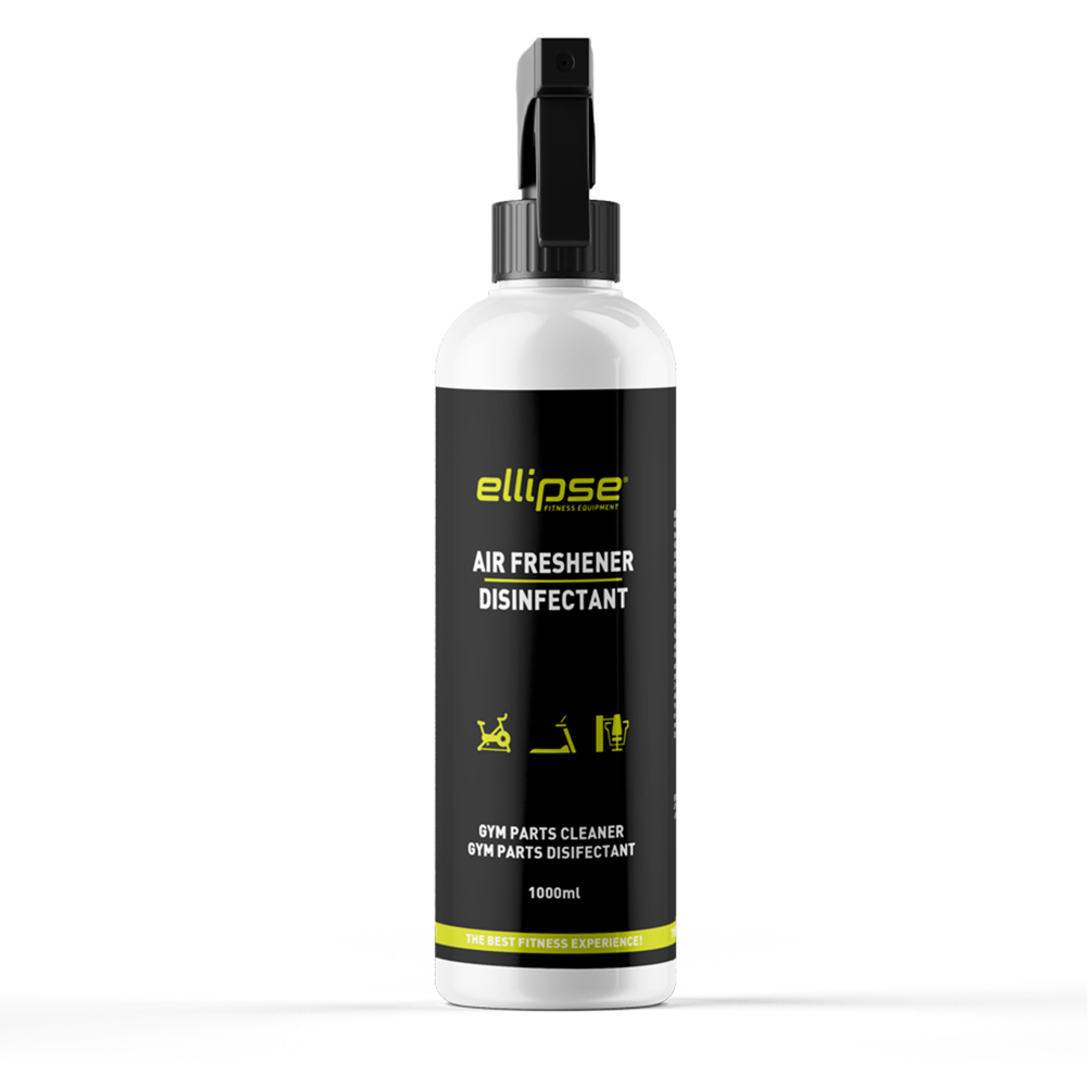 Una botella rociadora blanca con etiqueta negra. Dice 'ellipse AIR FRESHENER DISINFECTANT'.