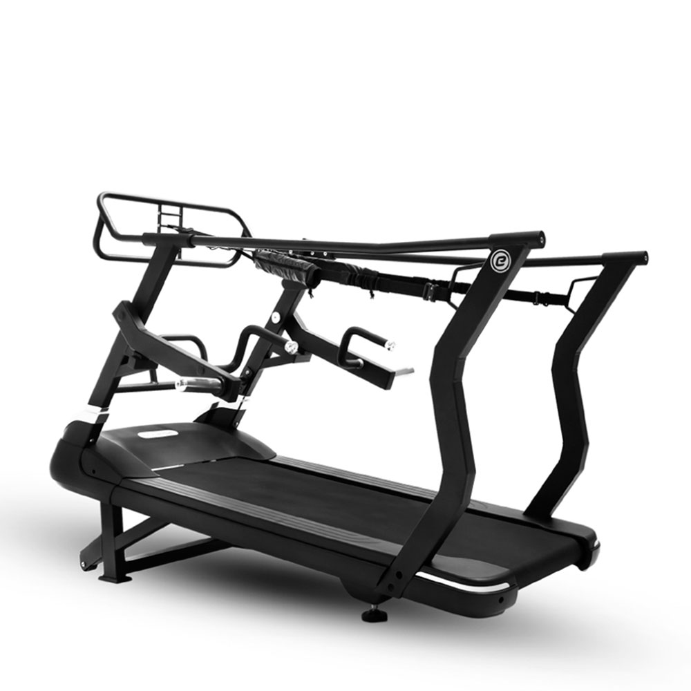 Cinta de correr negra con asas y barra de entrenamiento.