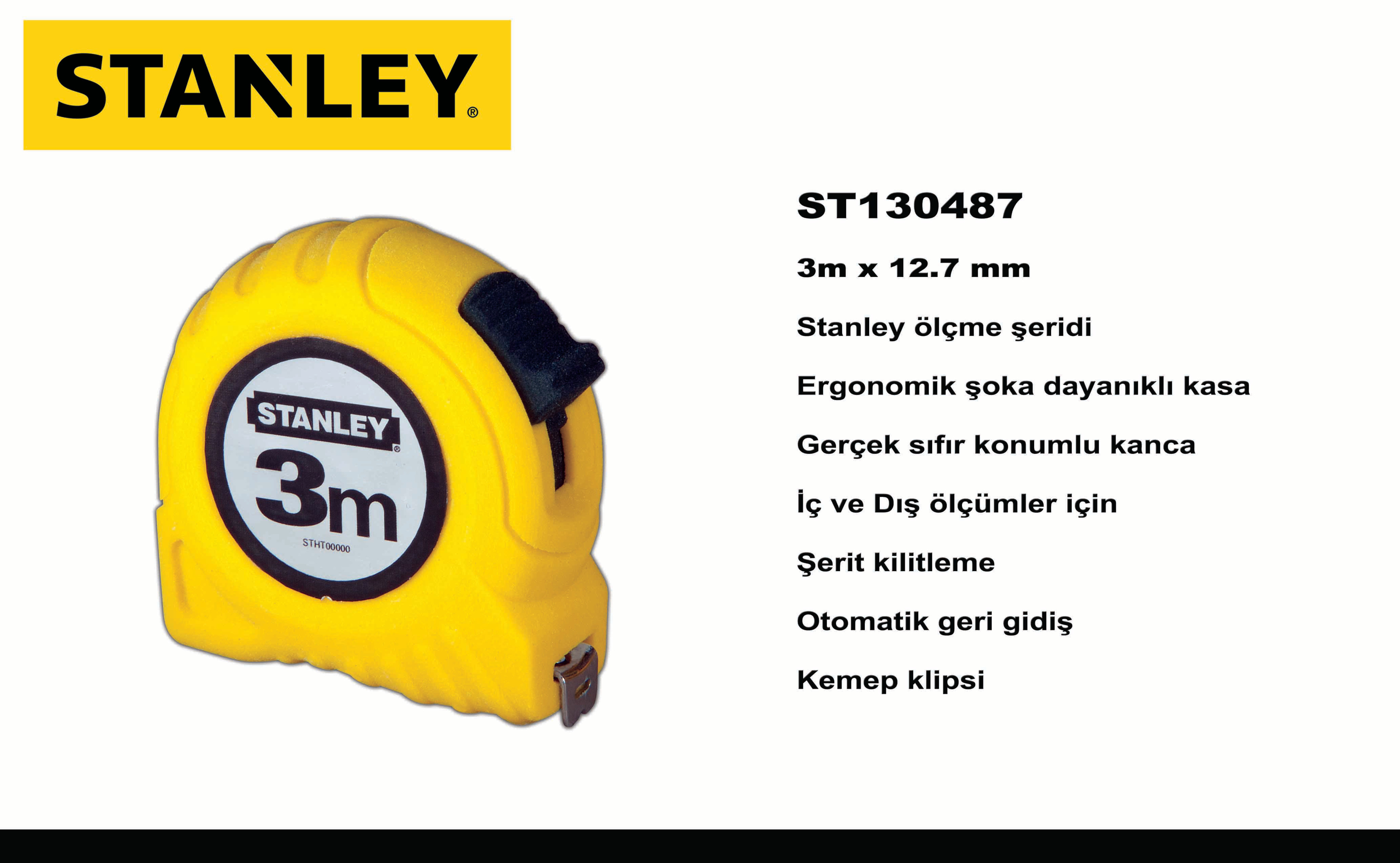 Siyah tutamaçlı ve '3m' logolu sarı bir Stanley mezura.