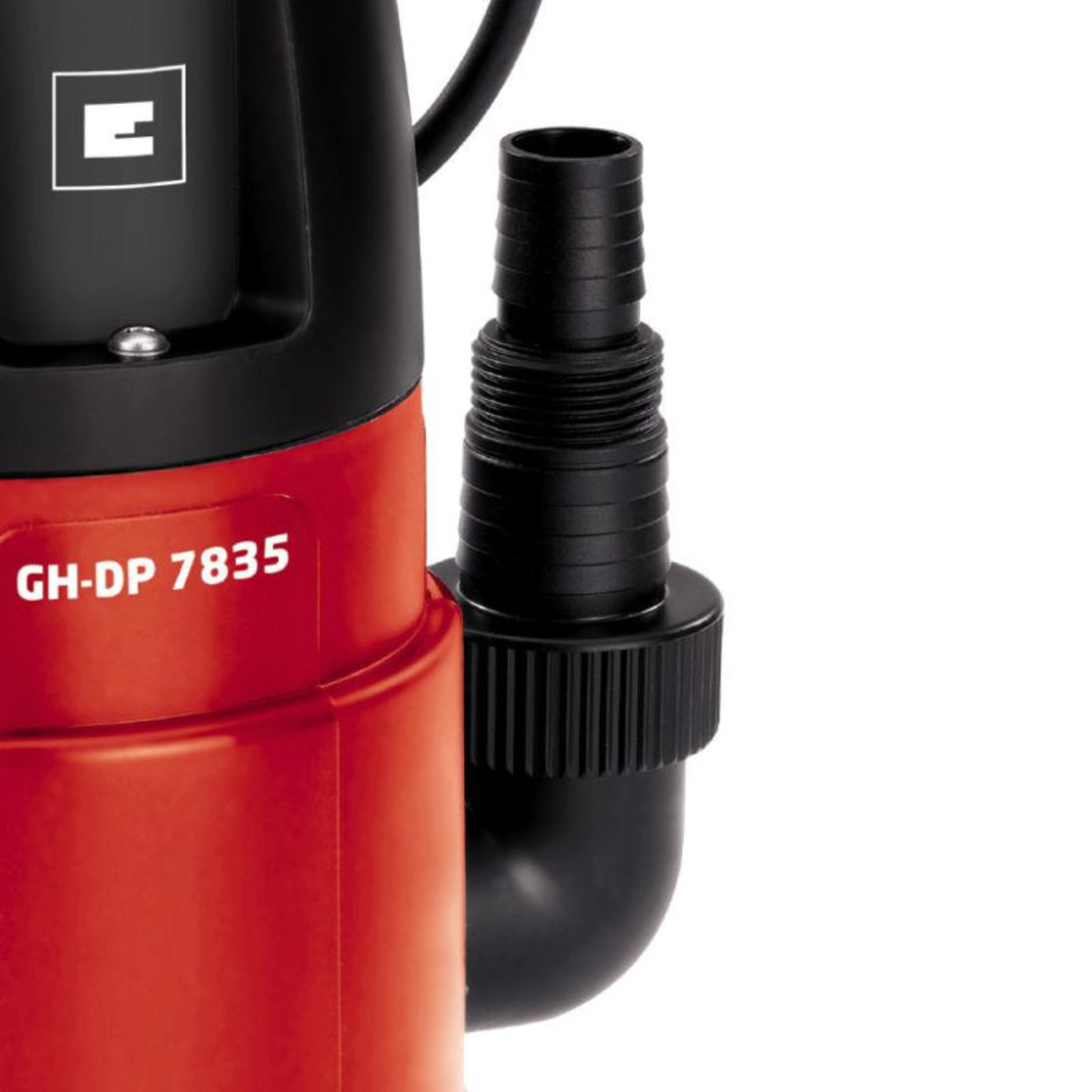 Roter Teil einer Pumpe mit der Aufschrift GH-DP 7835 und schwarzem Schlauchanschluss.