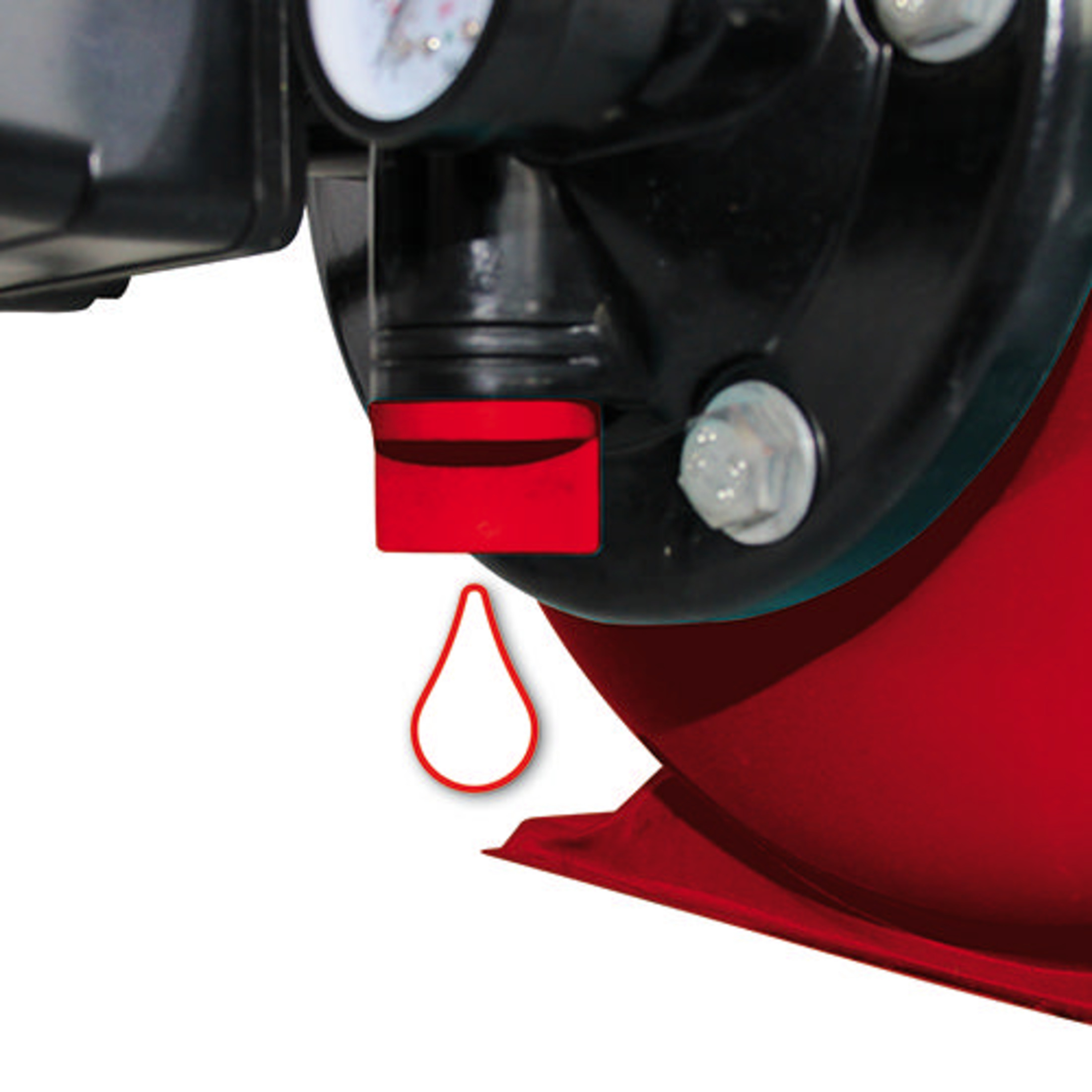 Detail einer roten Wasserpumpe mit einem Tropfensymbol.