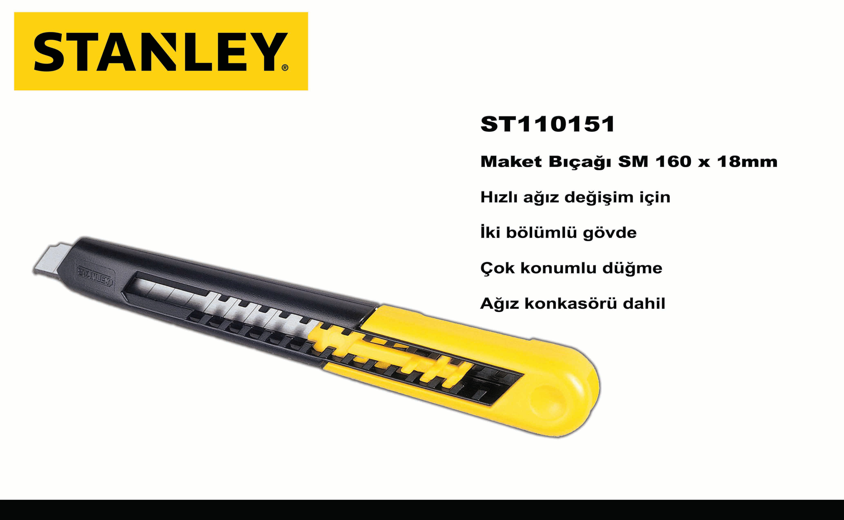 Ein gelb-schwarzes Stanley-Cutter-Messer mit ausgefahrener Klinge.