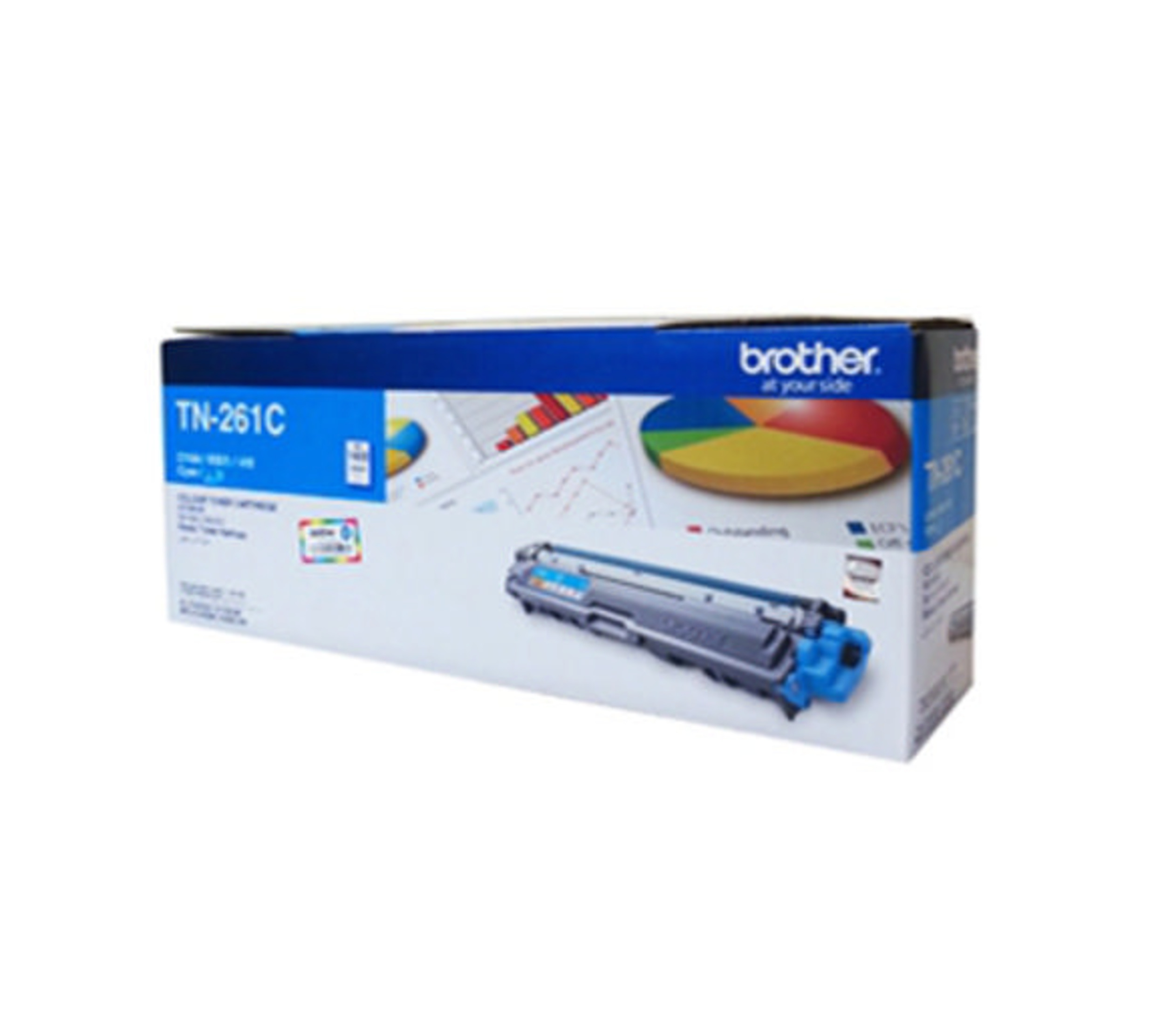 Grafikler ve toner izi olan Brother TN-261C toner kartuşu ambalajı.