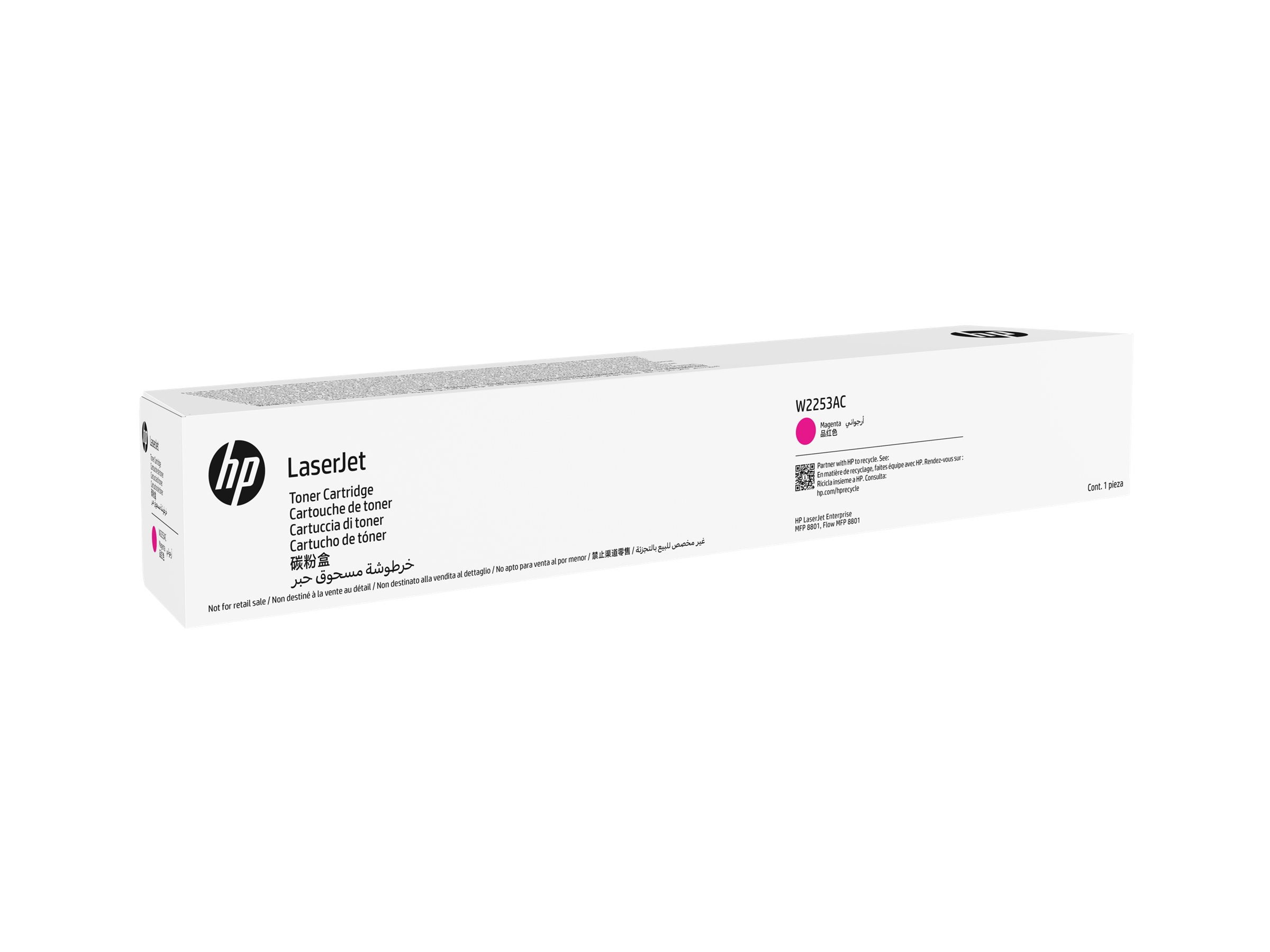 Toner HP LaserJet Magenta W2253AC w pudełku z informacjami o produkcie.
