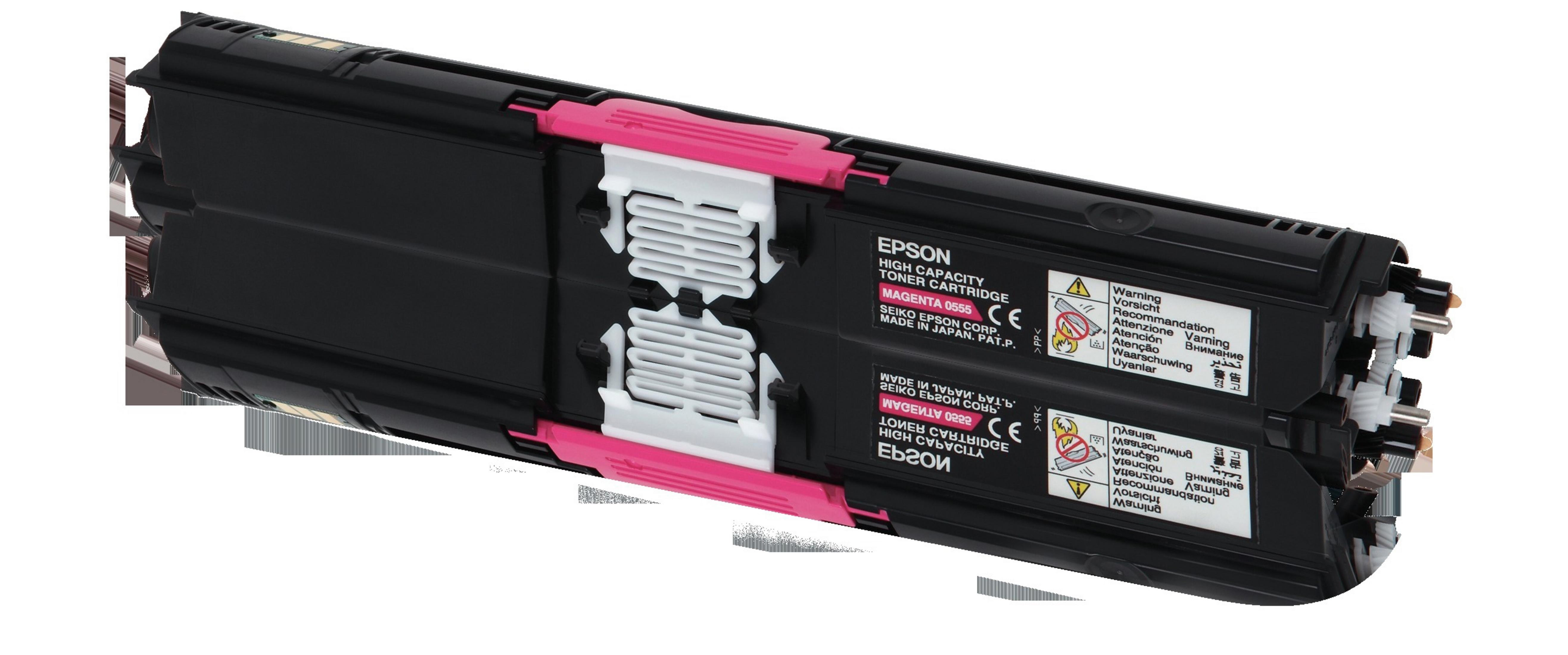 Zwei schwarze EPSON Tonerkartuschen mit rosa Hebeln und Warnhinweisen.