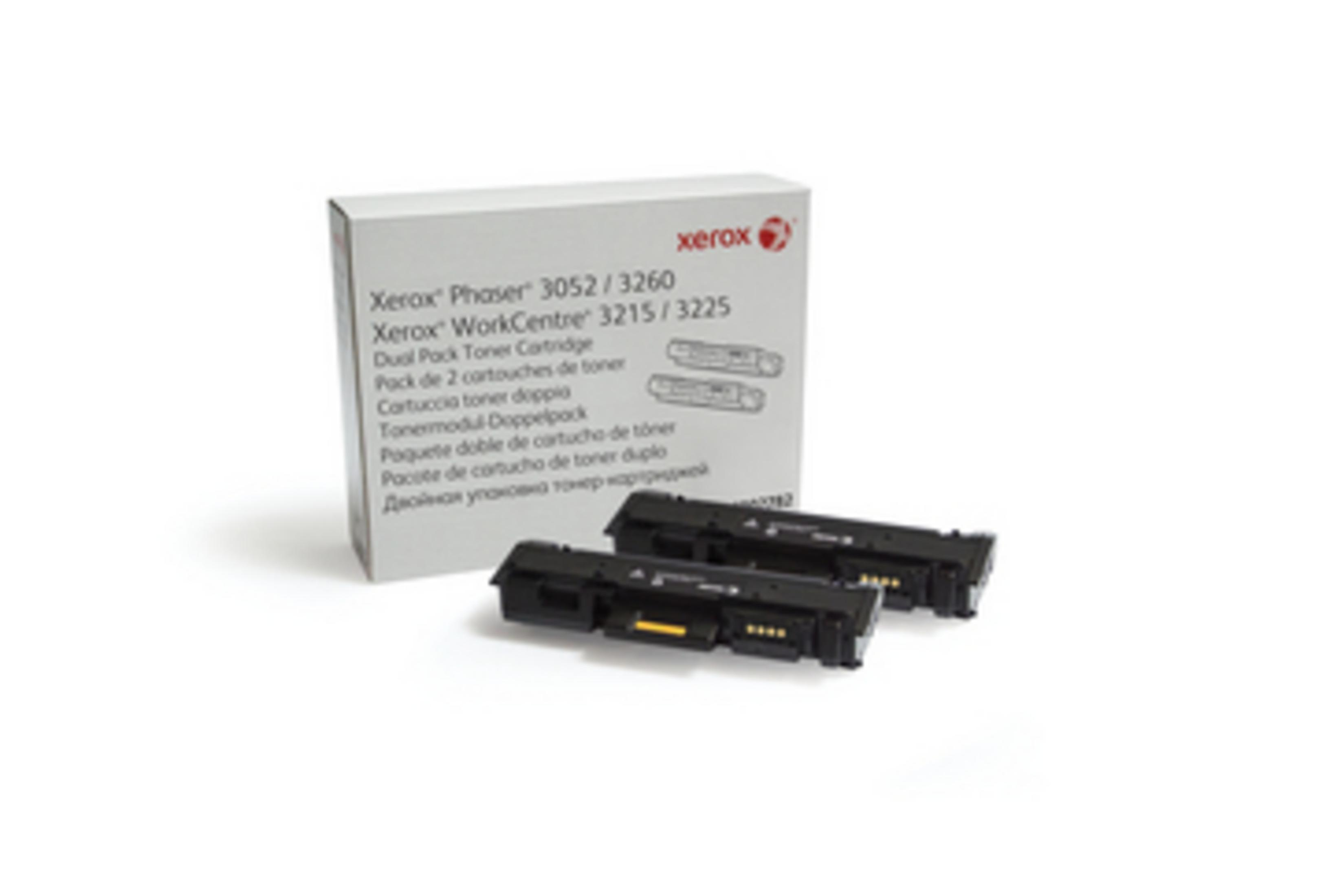 Deux cartouches de toner Xerox noires à côté d'une boîte.