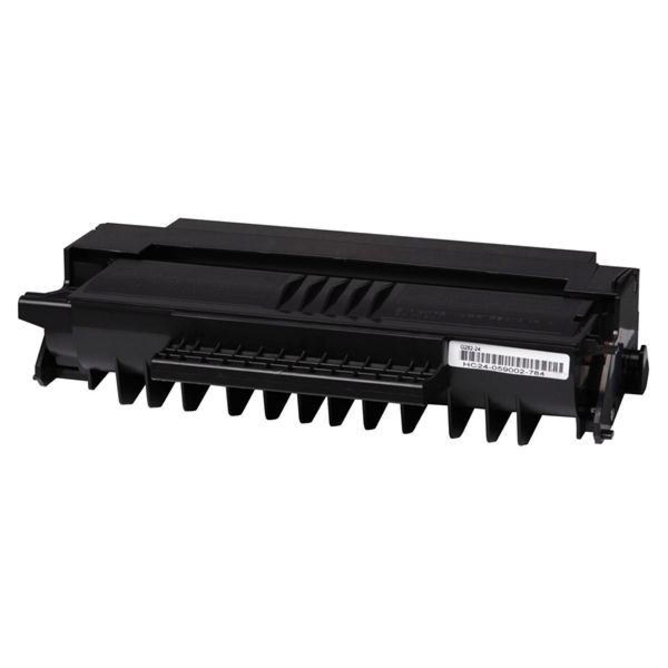 Corpo cartuccia toner nero con alette ed etichetta.