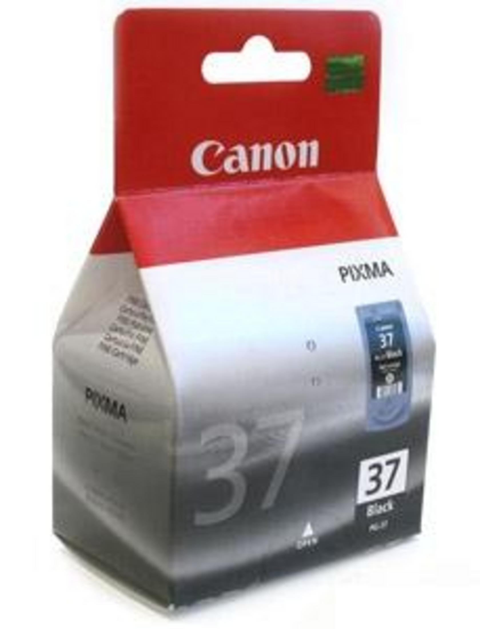 Cartouche d'encre noire Canon PIXMA 37 dans un emballage rouge et blanc.