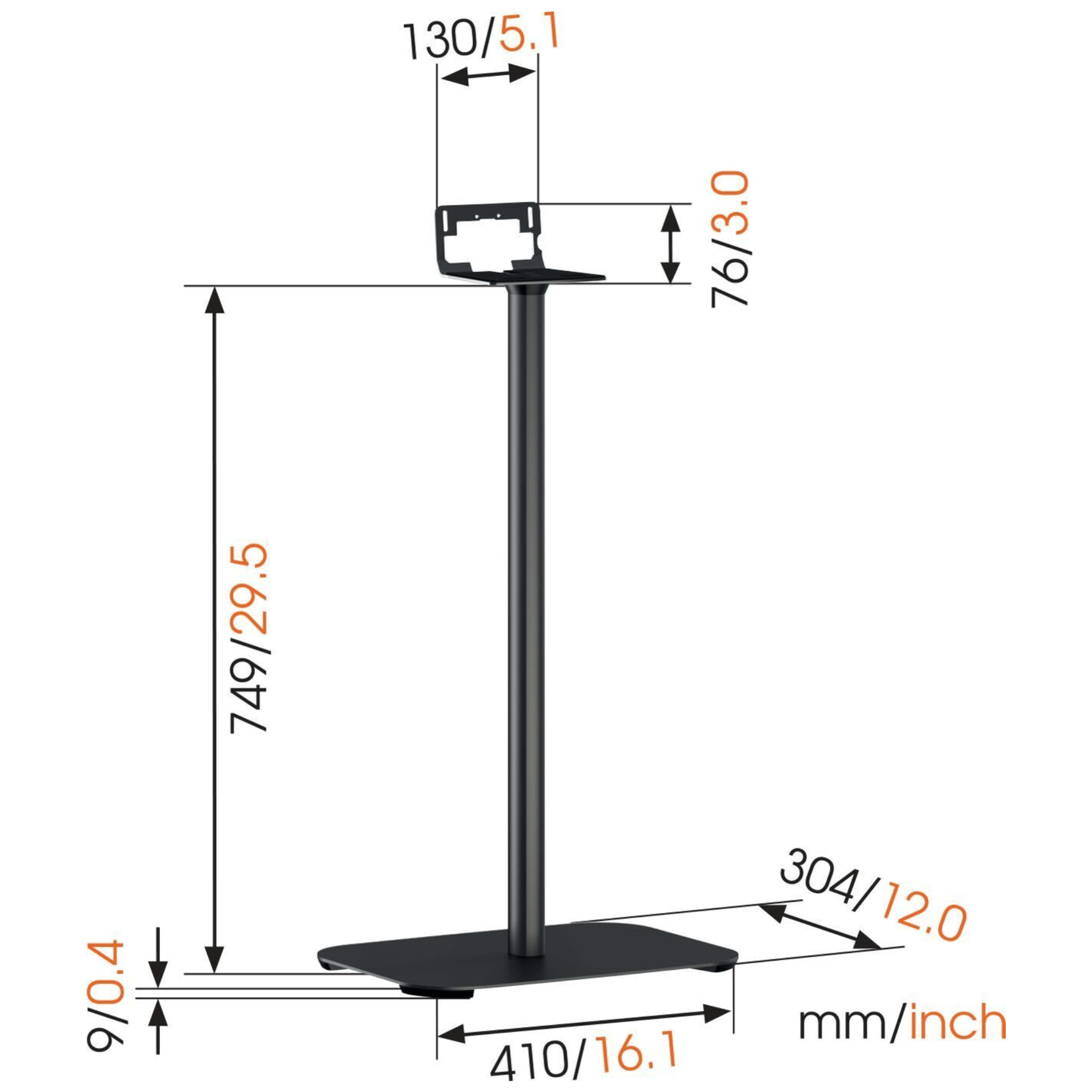 Technical drawing of a speaker stand with dimensions.
