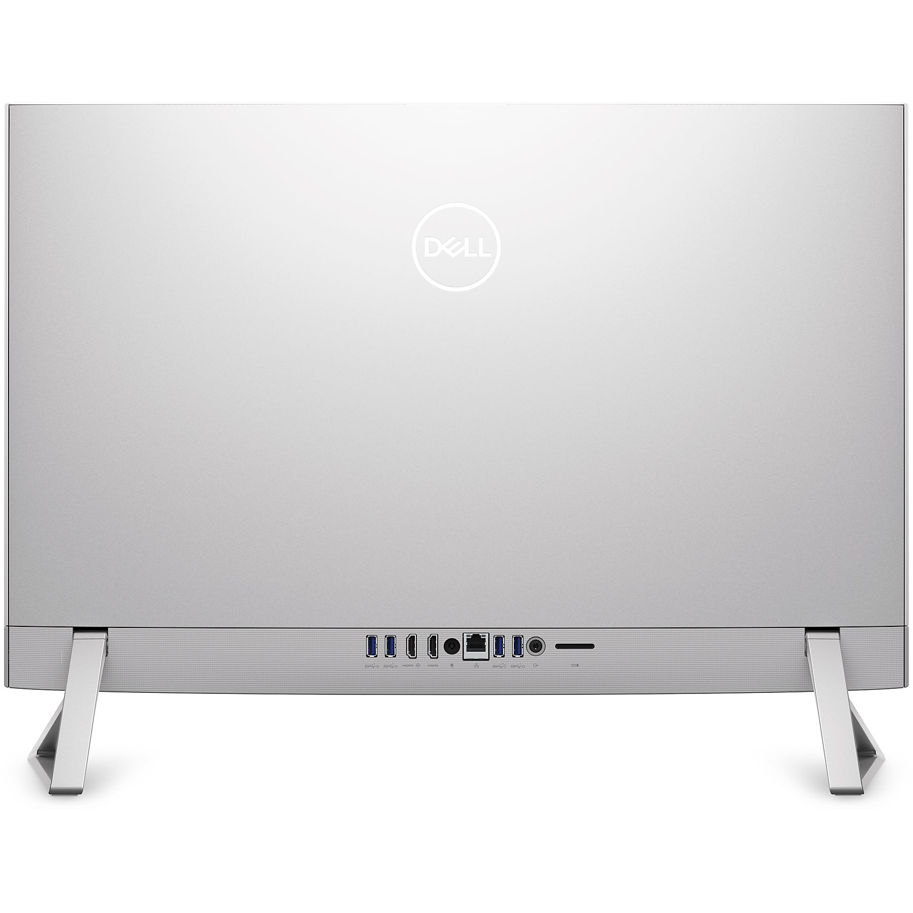 Rückseite eines silbernen Dell All-in-One-Computers mit Anschlüssen und Ständern.