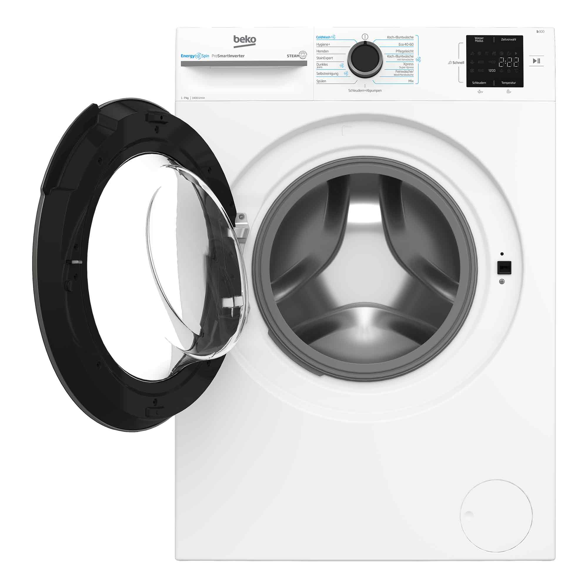 Eine weiße Beko-Waschmaschine mit geöffneter Tür und silberner Trommel.