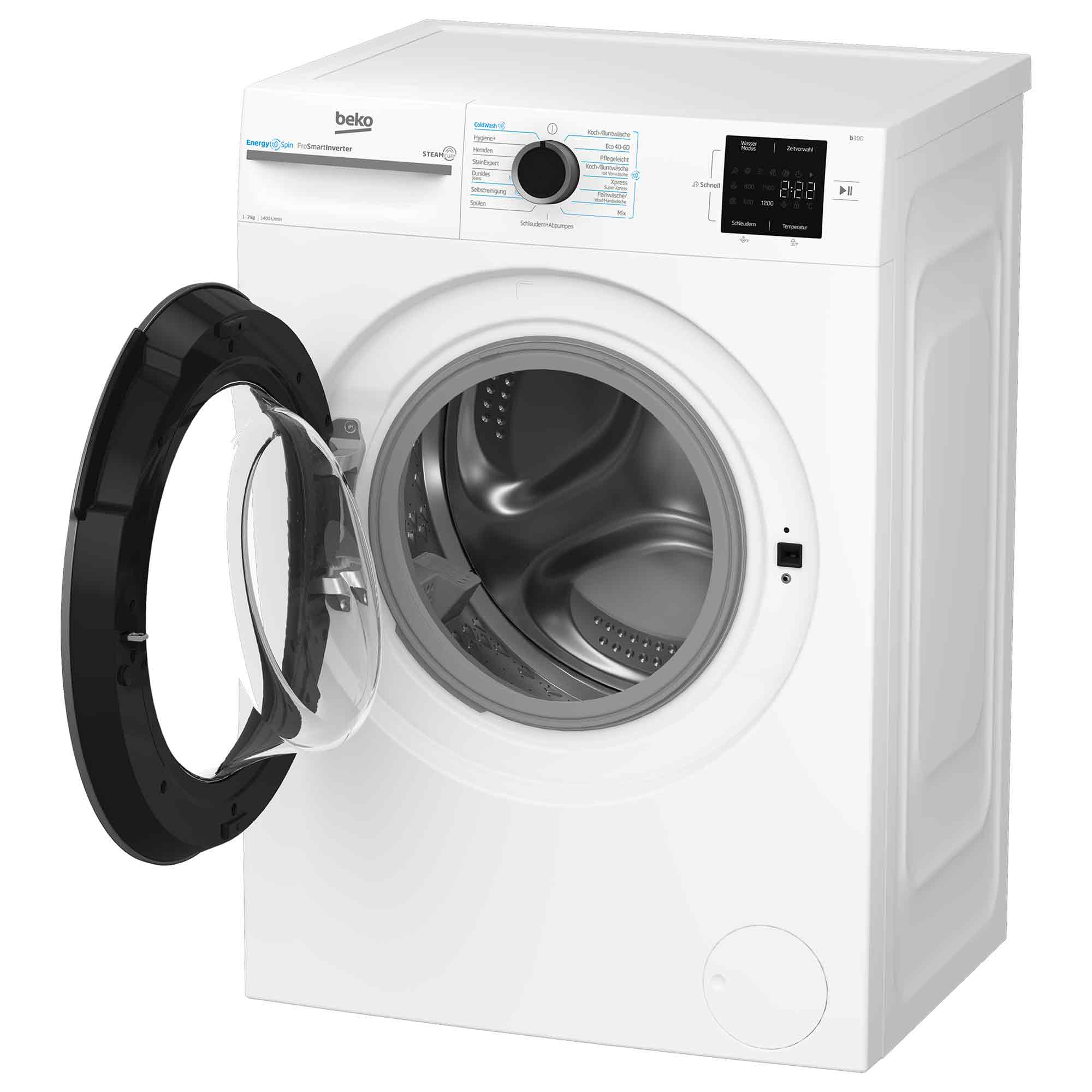 Eine weiße Beko Waschmaschine mit offener Tür und detaillierten Programmauswahl- und Digitalanzeigen.
