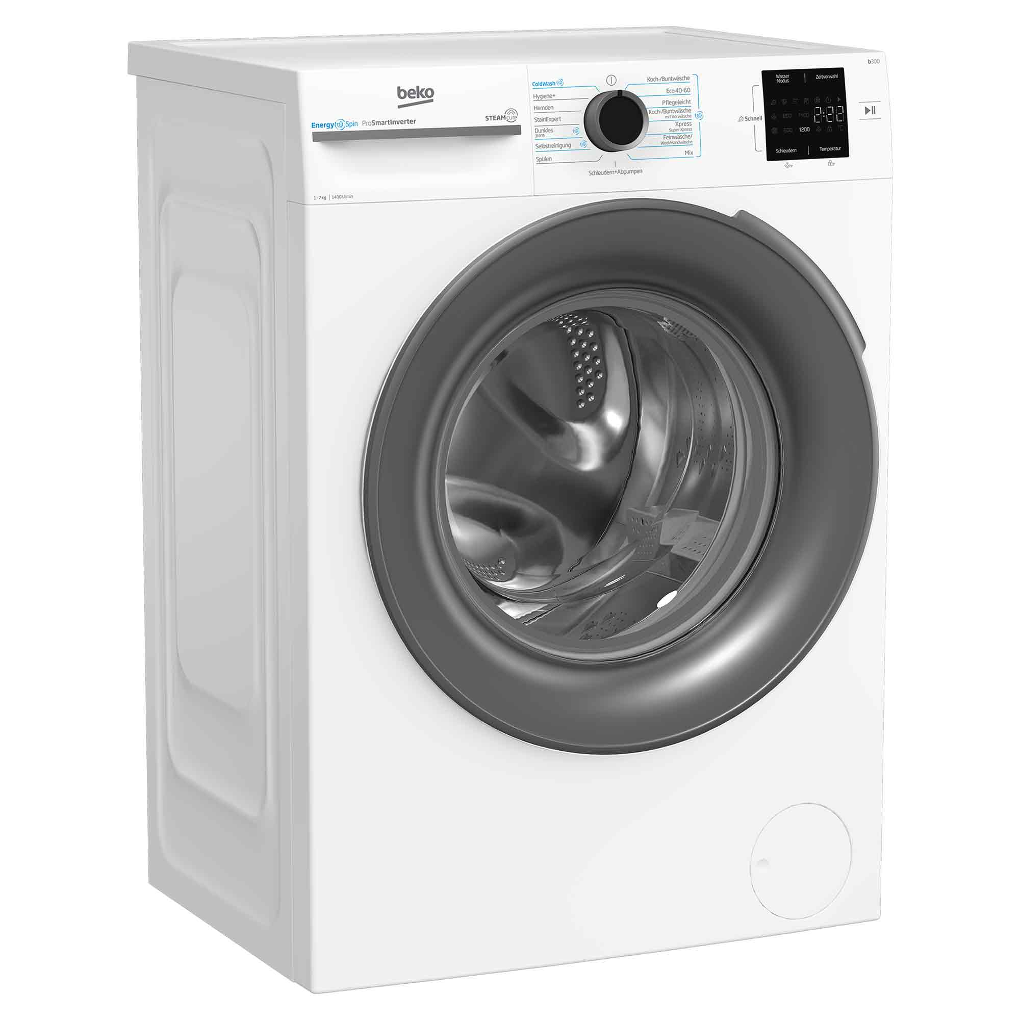 Weiße Beko Waschmaschine mit dunklem Bullauge und Bedienfeld. Zeigt 2:22 an.