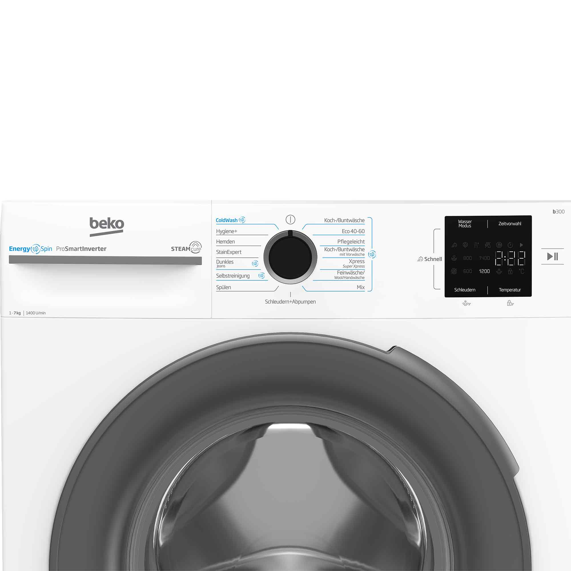 Weiße Beko Waschmaschine mit Bedienfeld und digitaler Anzeige.