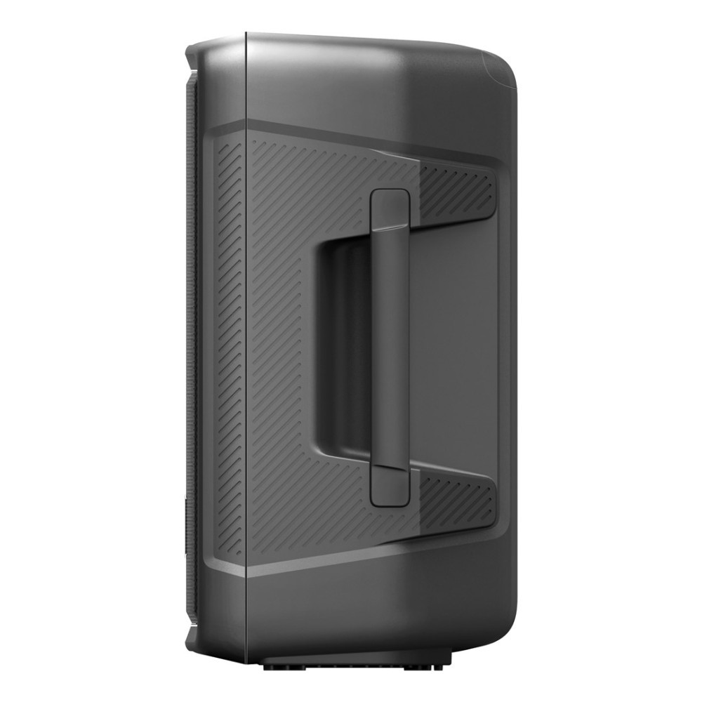 Szara kolumna głośnikowa z uchwytem i prążkowaną fakturą. Białe tło.