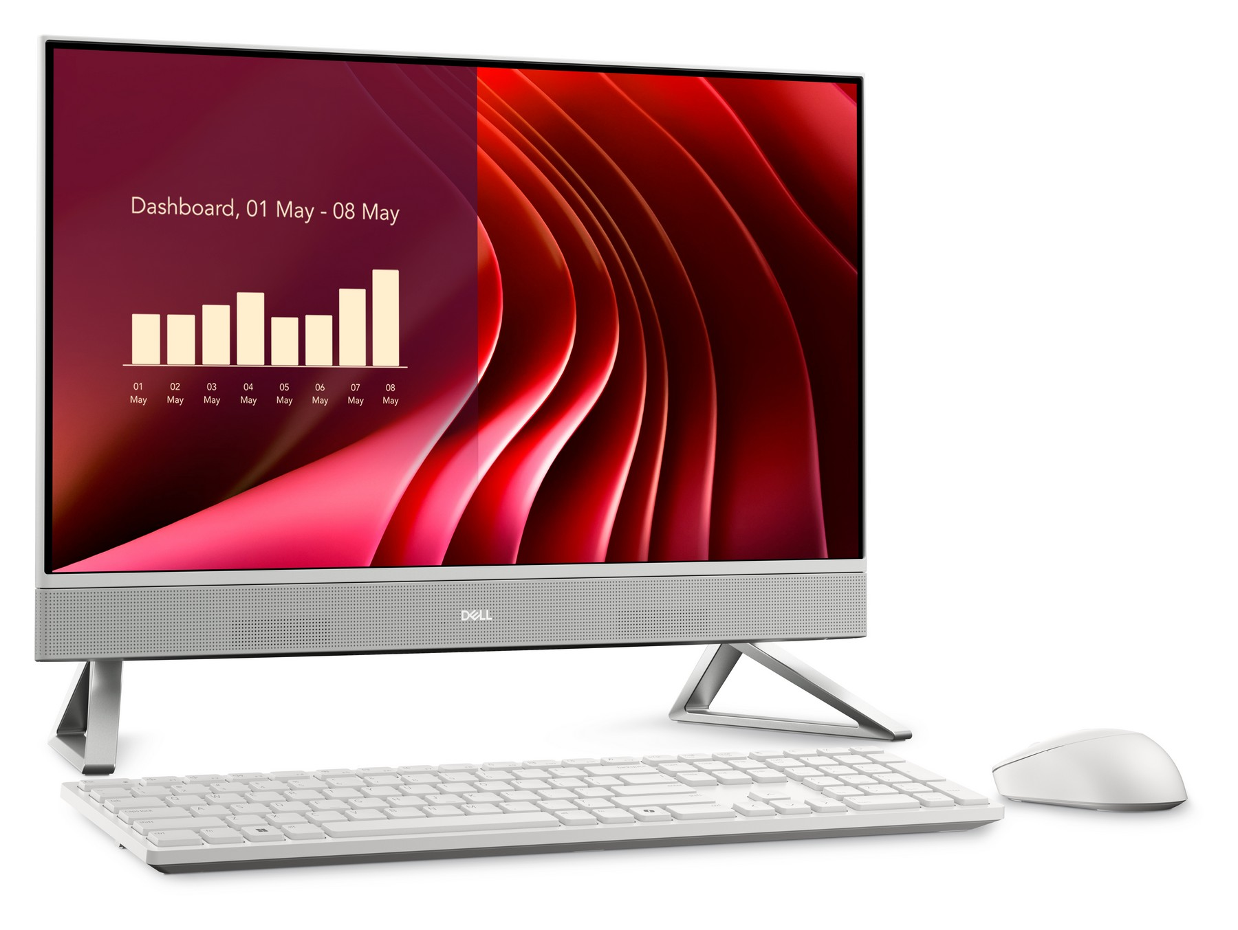 Un computer all-in-one Dell bianco con tastiera e mouse.