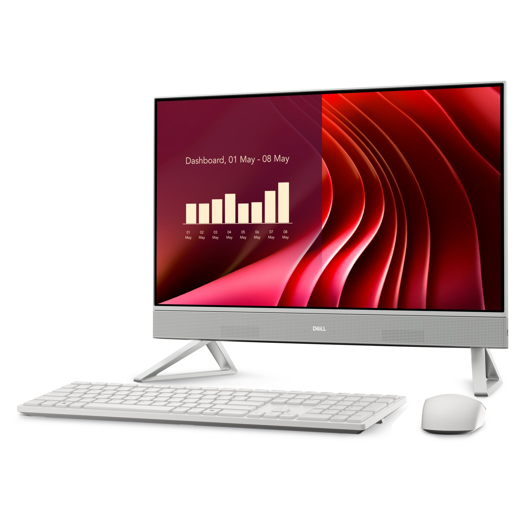 Un PC All-in-One Dell bianco con tastiera e mouse. Lo schermo mostra una dashboard.
