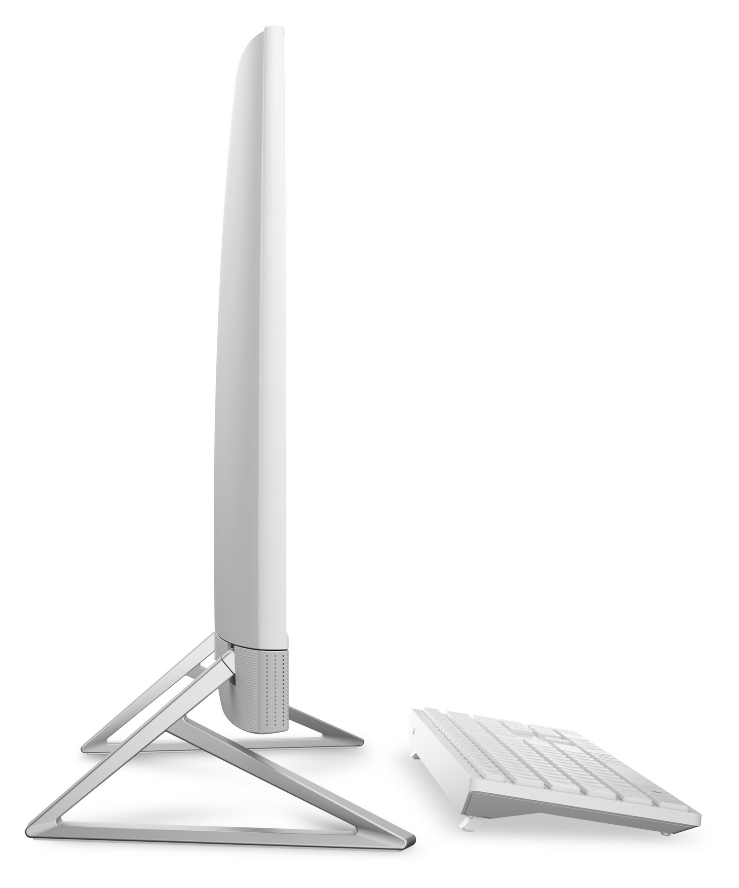 Un computer all-in-one bianco con supporto e tastiera argentati.