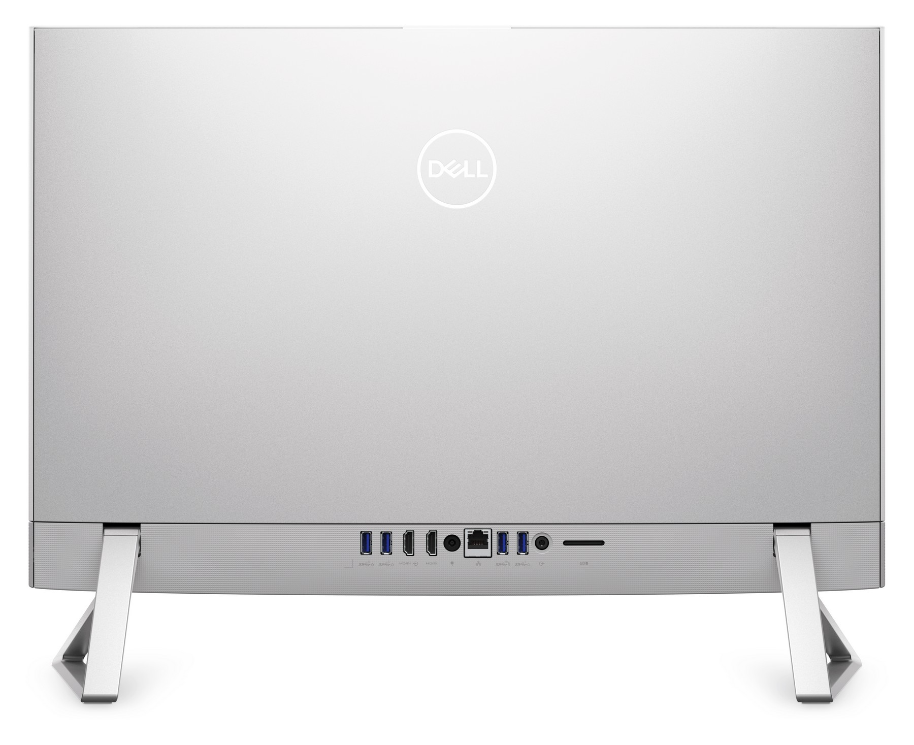 Retro di un computer all-in-one argentato con logo Dell e porte.