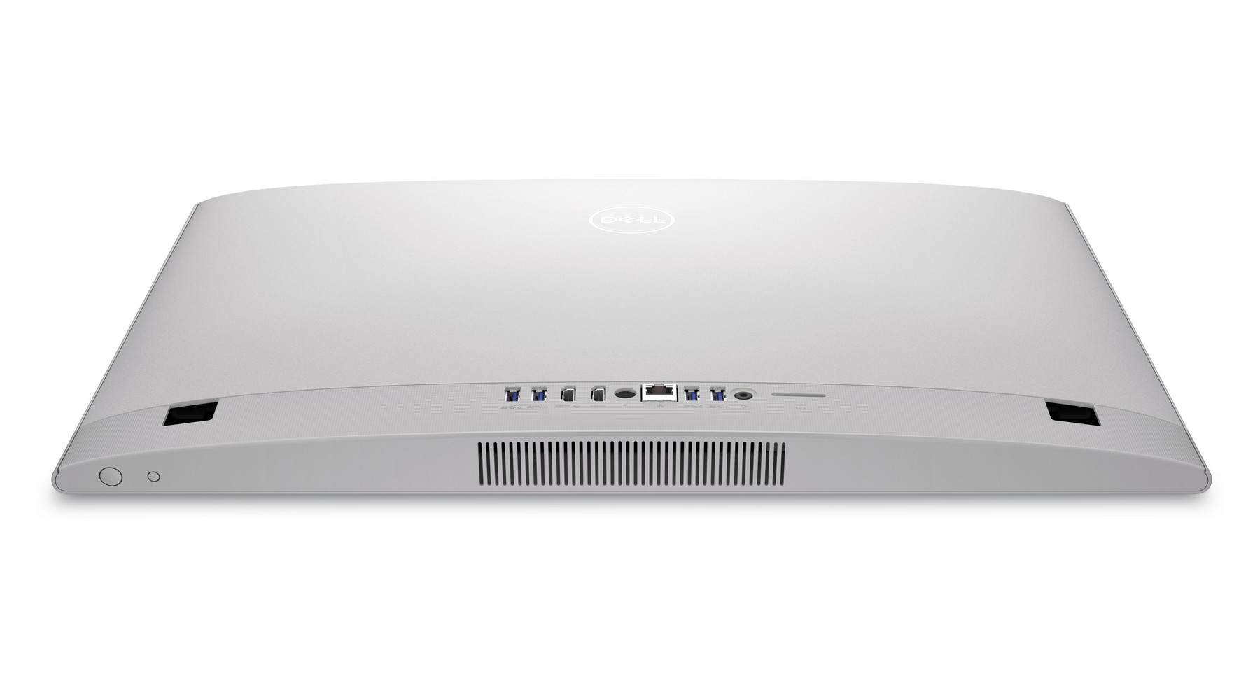 Vista posteriore di un computer All-in-One Dell bianco con porte e fessure di ventilazione.