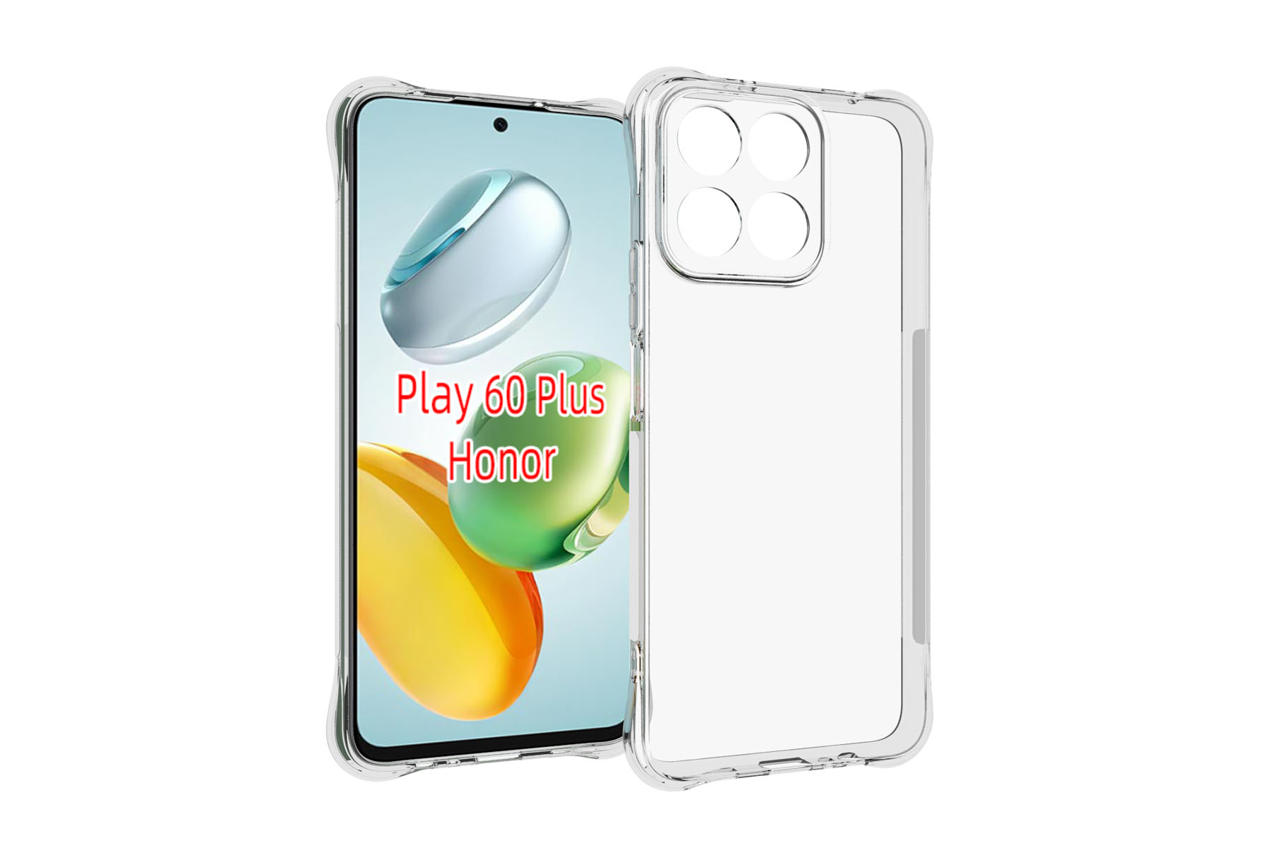 Ein durchsichtiges Handyhülle liegt neben einem Honor Play 60 Plus Handy.