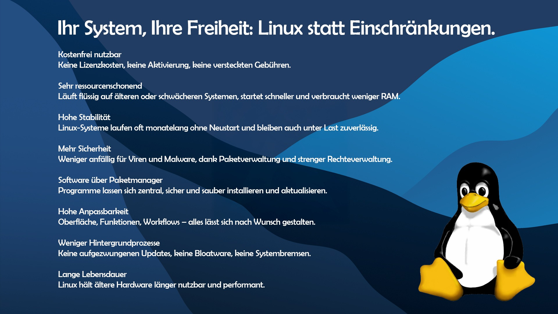 Pingüino de Linux junto a texto sobre libertad y beneficios del sistema.