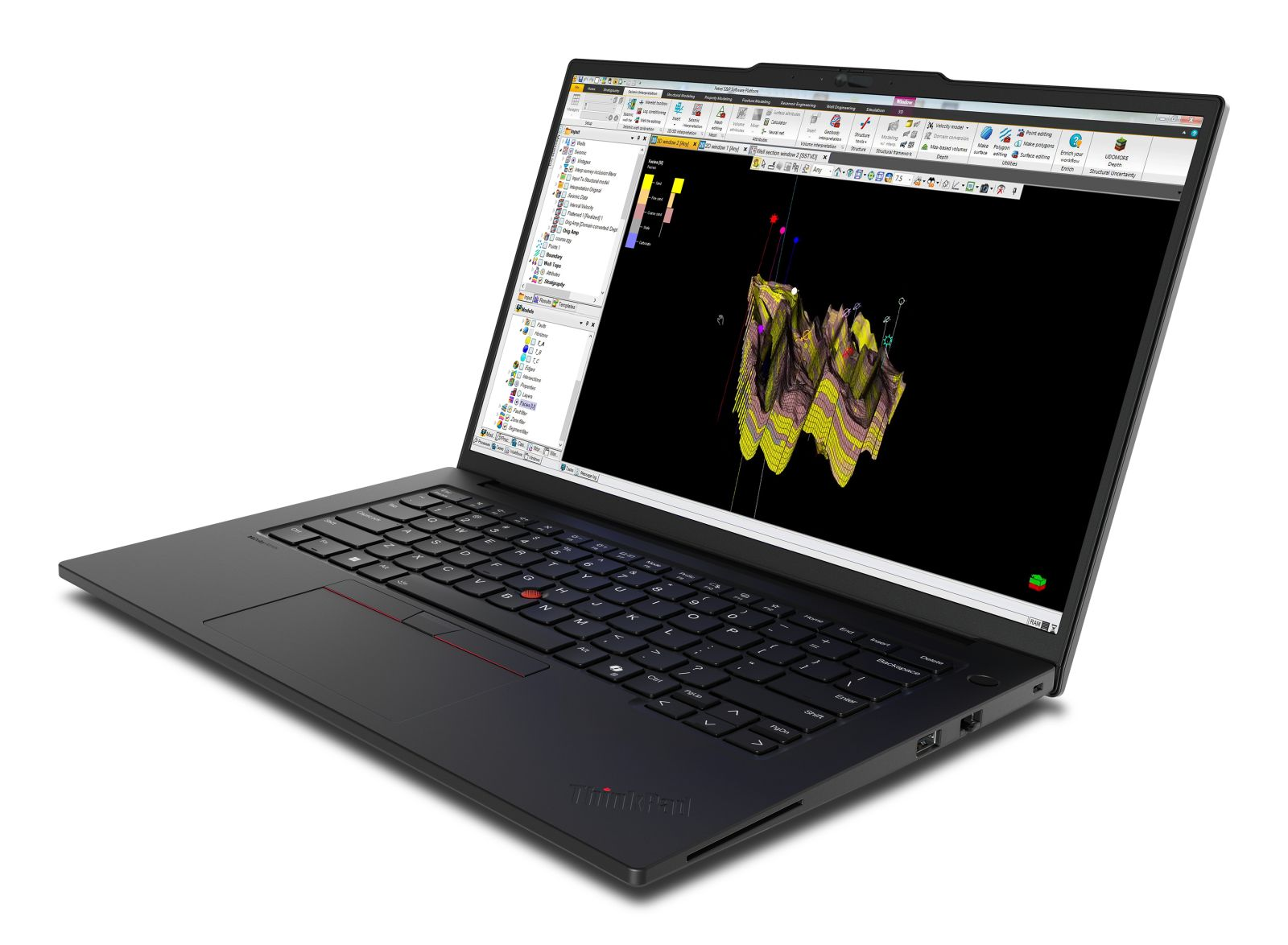 Ein schwarzer Laptop zeigt eine 3D-Oberfläche auf seinem Bildschirm.