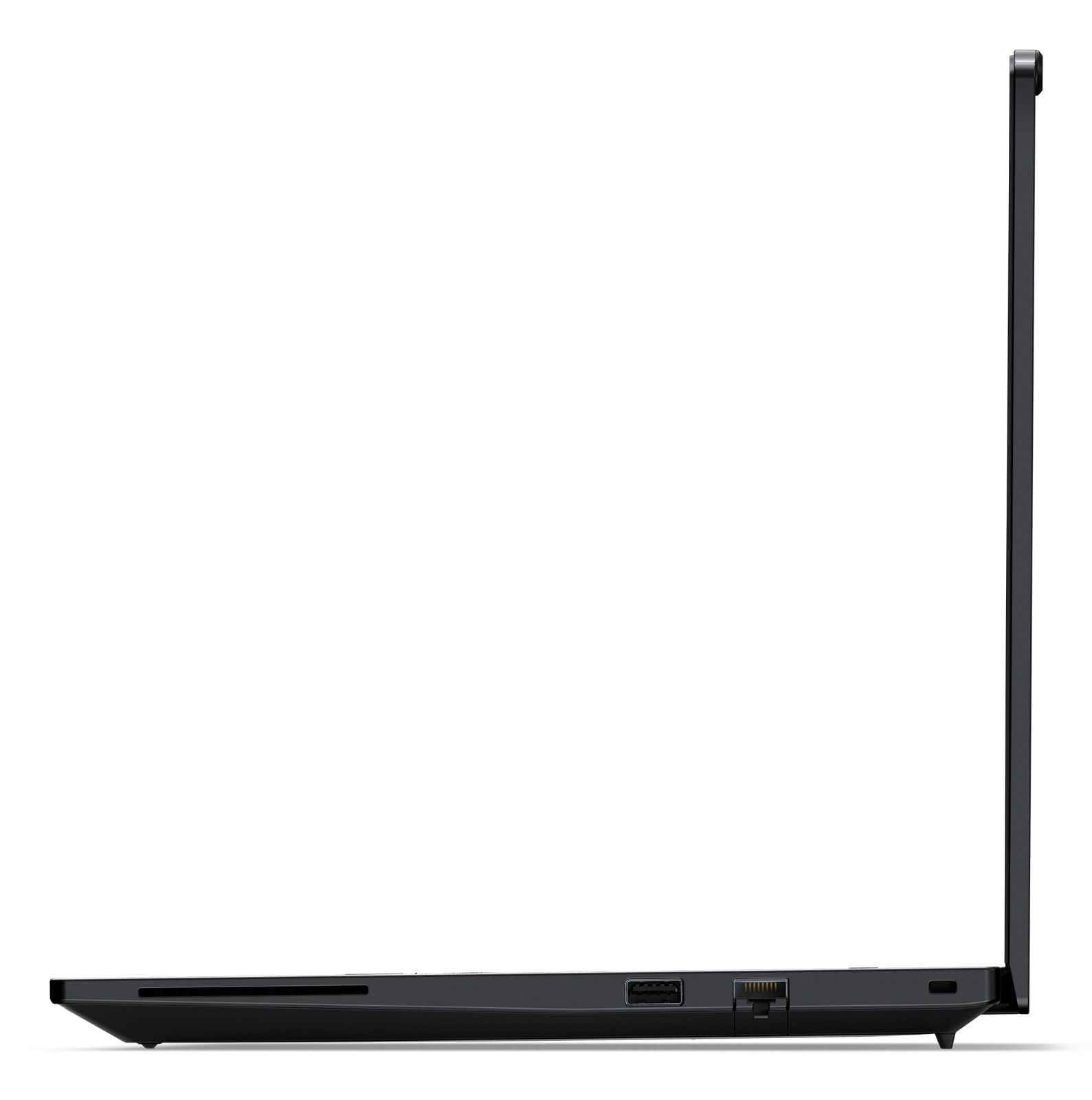 Seitenansicht eines schwarzen Laptops mit USB- und Ethernet-Anschlüssen.