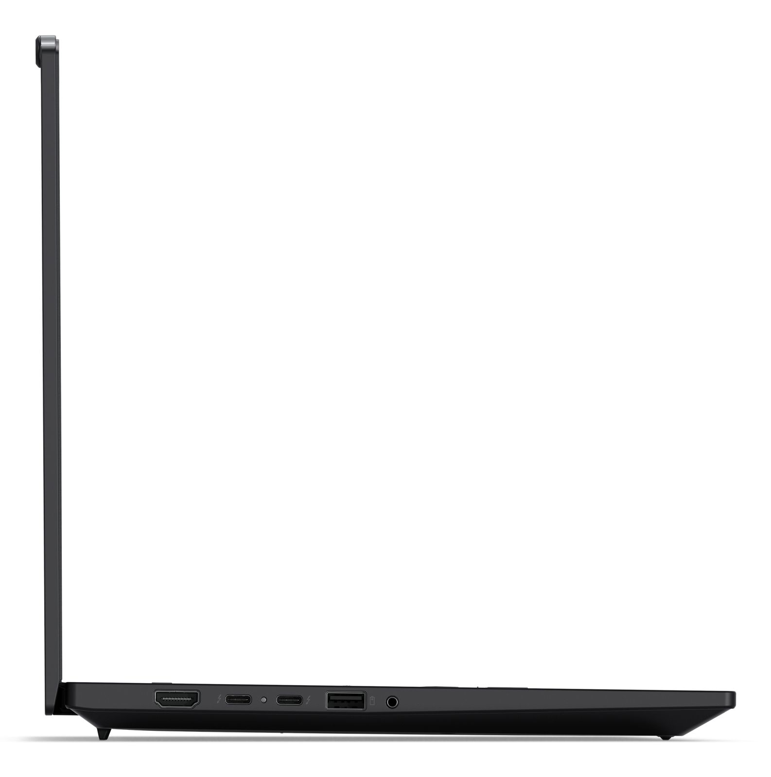 Draufsicht auf einen schwarzen Laptop mit Anschlüssen an der Seite.