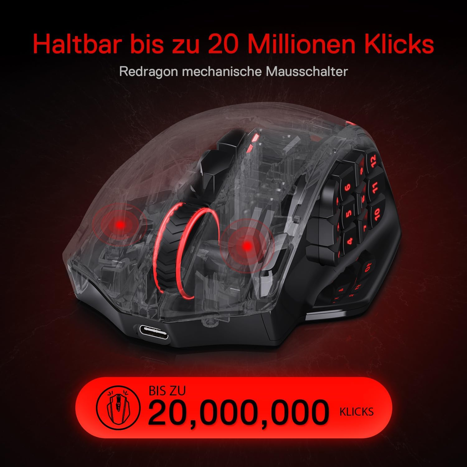 Przezroczysta mysz gamingowa z czerwonymi przyciskami, 20 mln kliknięć.