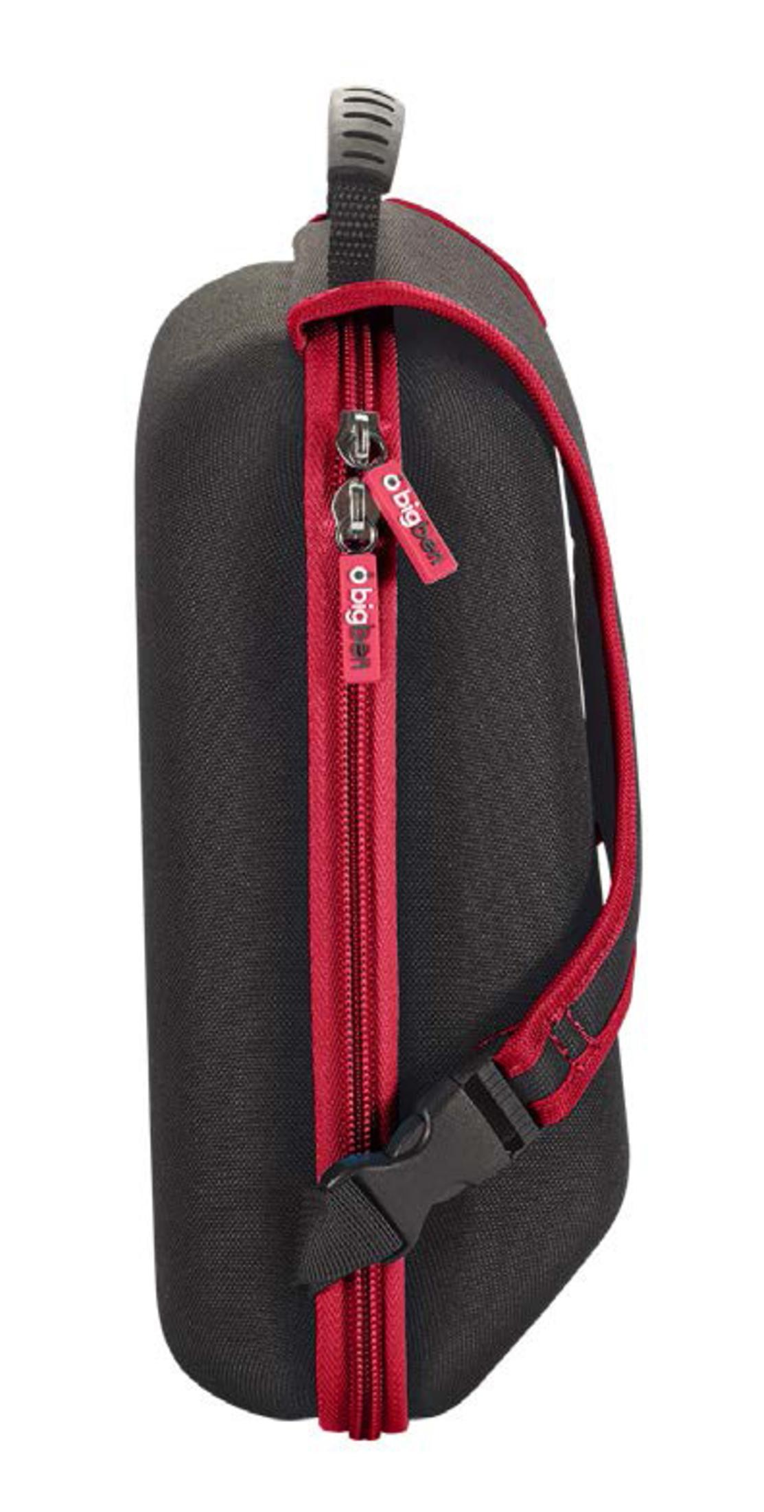 Schwarze Tasche mit rotem Reißverschluss und Tragegriff.