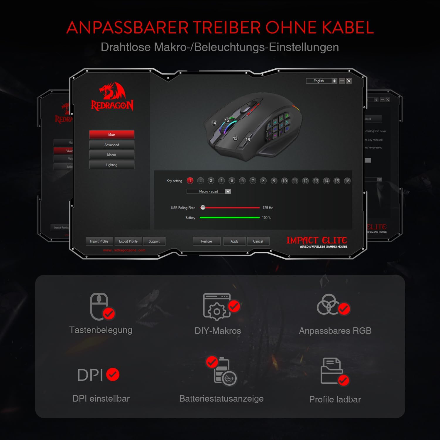Oprogramowanie myszy gamingowej Redragon pokazujące opcje konfiguracji klawiszy, makr i RGB.