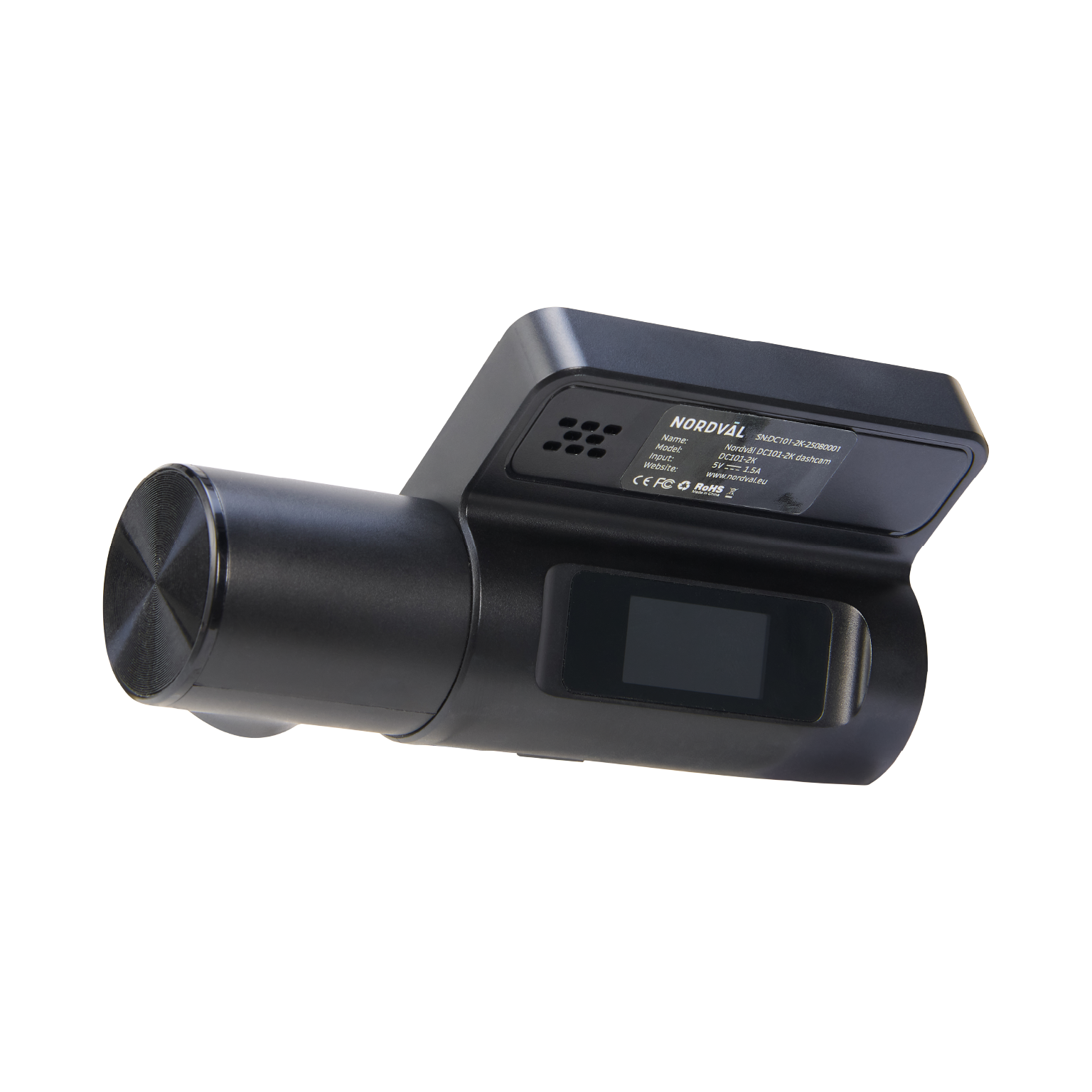 A black NORDVAL DC101-2K dashcam with a small screen and buttons.