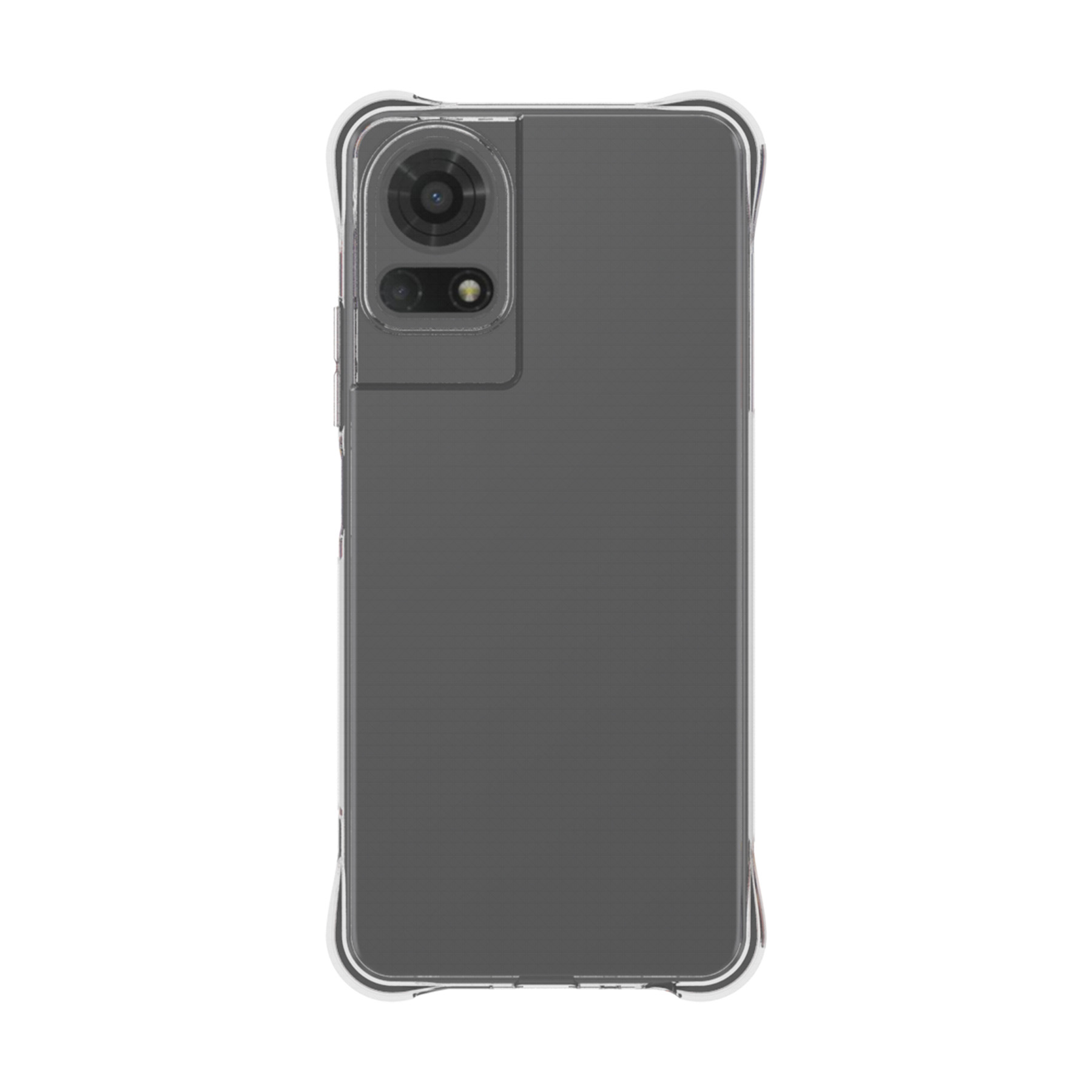 Ein durchsichtiger Handyhülle mit schwarzem Handy und Kameramodul.