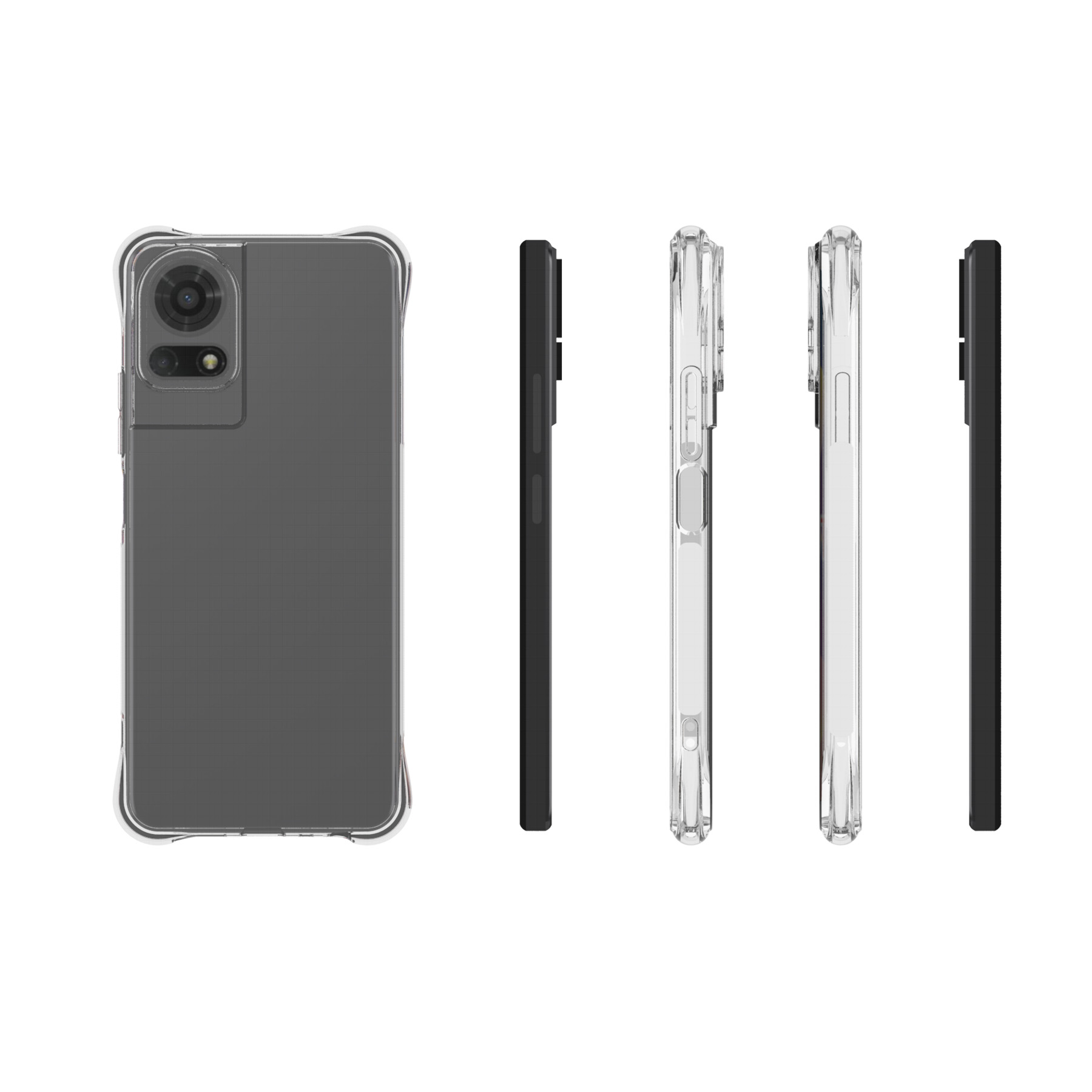 Rückansicht und Seitenansichten eines transparenten Handyhülle mit schwarzem Handy.