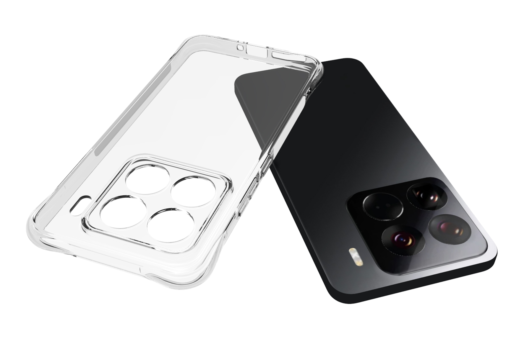 Ein transparenter Handykoffer liegt neben einem schwarzen Smartphone mit vier Kameras.