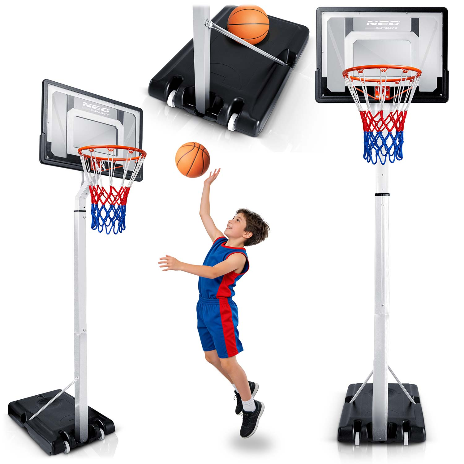 Chłopiec w niebiesko-czerwonym stroju do koszykówki skacze do kosza, piłka w powietrzu.