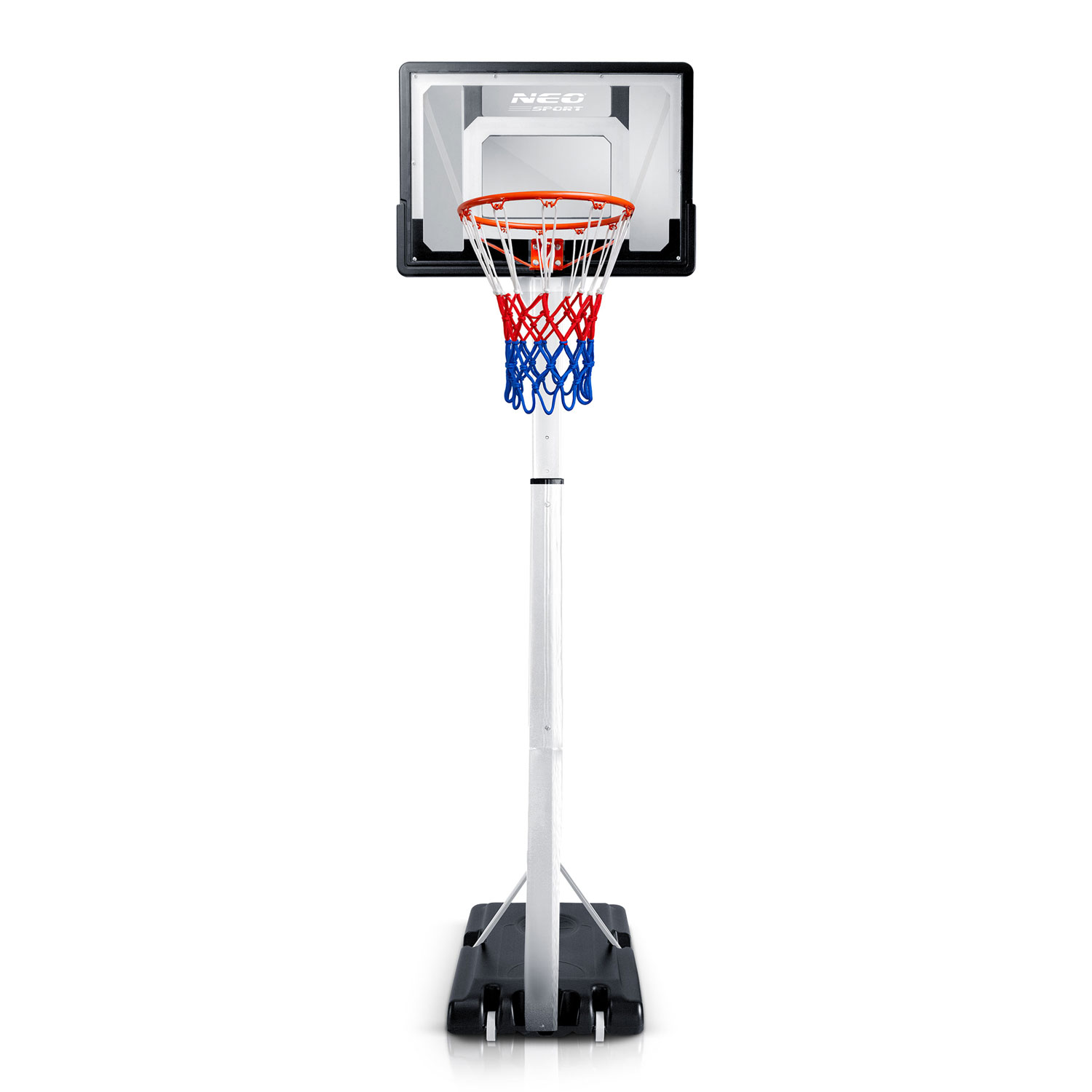 Przenośny kosz do koszykówki ze srebrnym stojakiem, czarną podstawą i czerwononiebieską siatką.