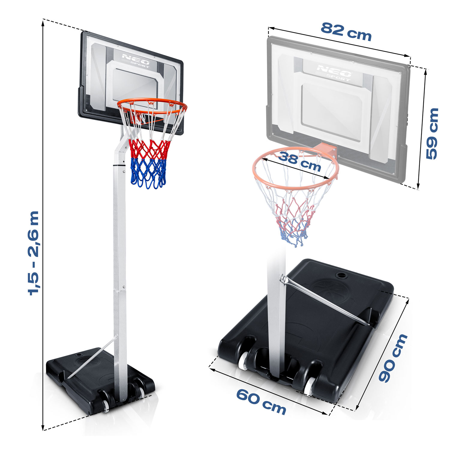 Przenośny kosz do koszykówki z wymiarami i regulacją.
