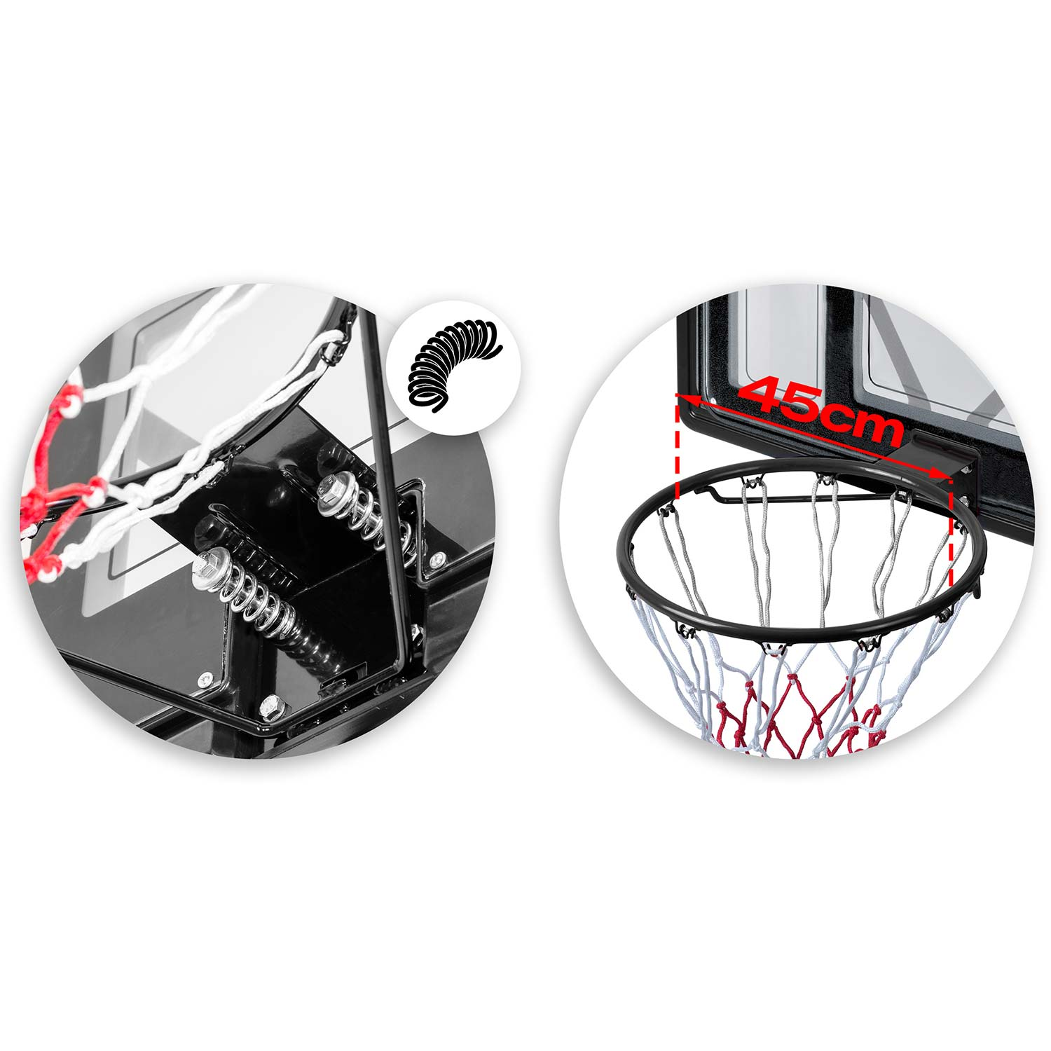 Zbliżenie obręczy koszykówki, pokazujące mechanizm sprężynowy i miarę 45 cm.