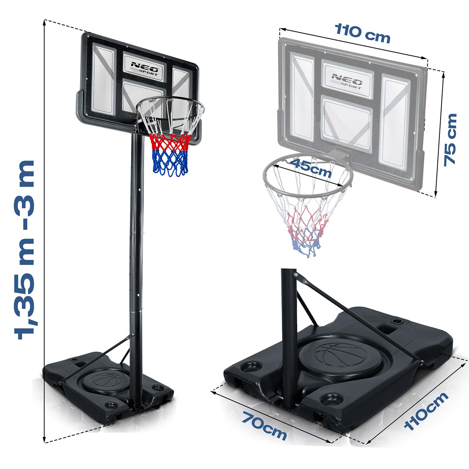 Regulowany kosz do koszykówki z czarną tablicą, siatką i podstawą.