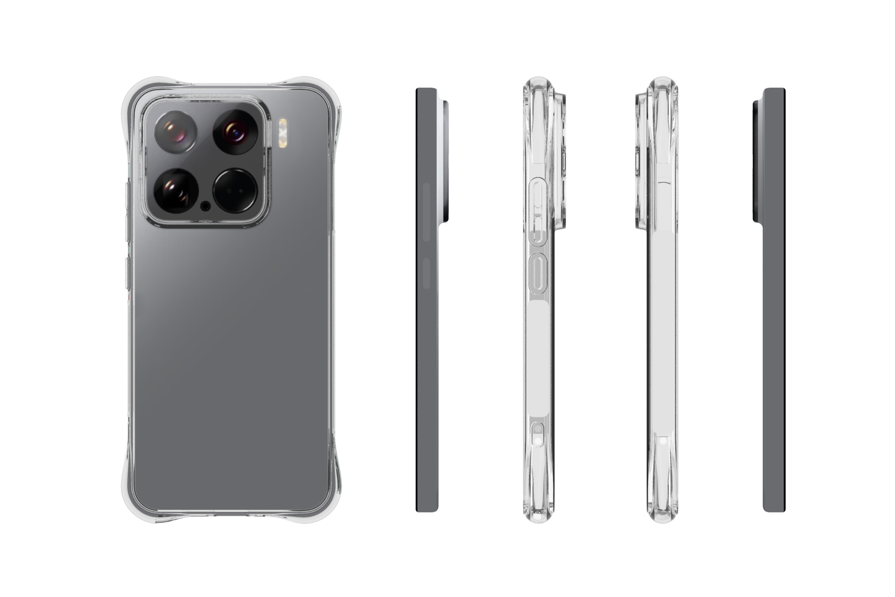 Transparente Handyhülle mit drei Ansichten eines Smartphones im Profil.