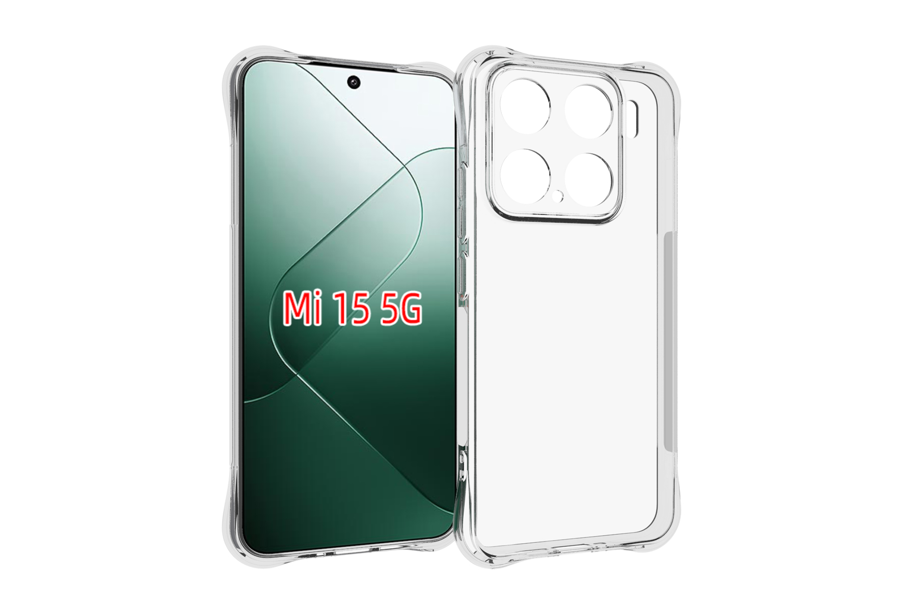 Eine klare, transparente Handyhülle für das Mi 15 5G Telefon wird vor einem weißen Hintergrund gezeigt.