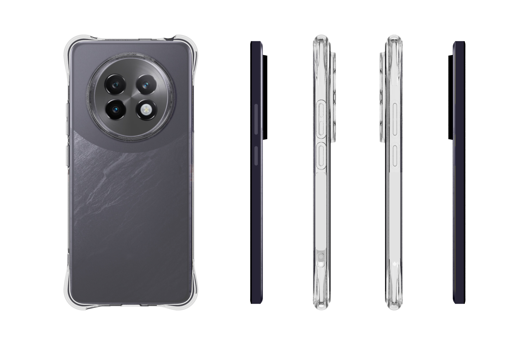 Ein schwarzes Smartphone mit vier Kameras in einem klaren Gehäuse.