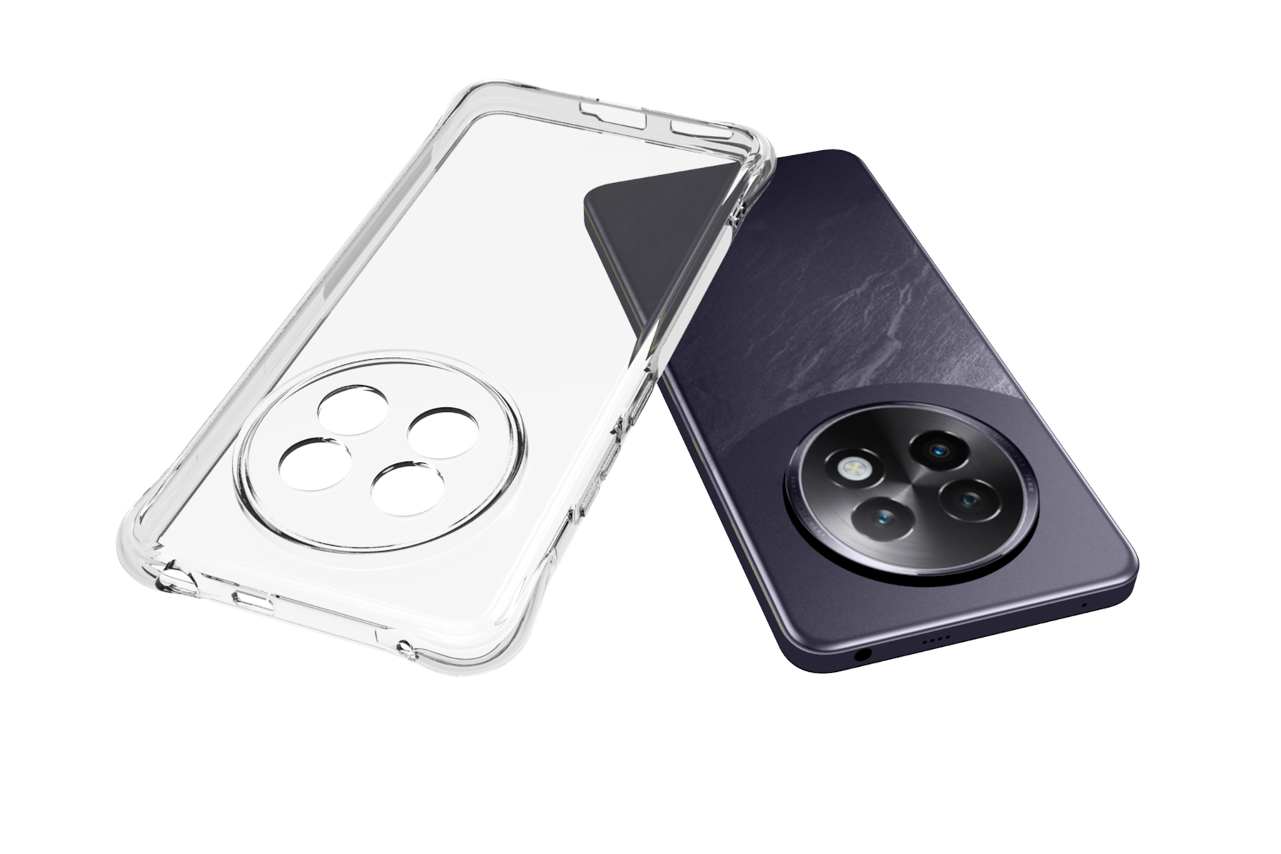 Ein transparenter Handyhülle liegt neben einem dunklen Smartphone mit runder Kameramodul.