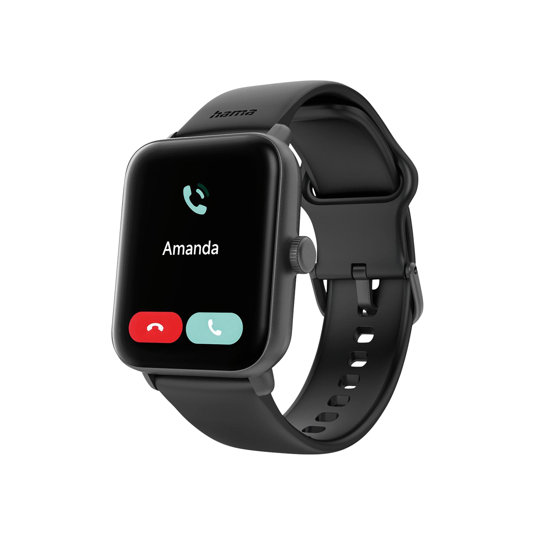 Smartwatch nera mostra chiamata in arrivo da Amanda. Opzioni accetta/rifiuta.