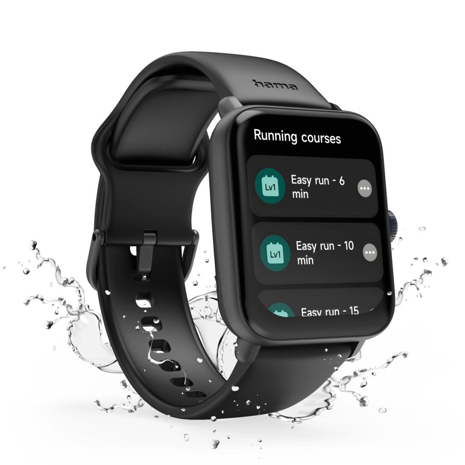 Smartwatch nero che mostra corsi di corsa come 'Easy run - 6 min'.
