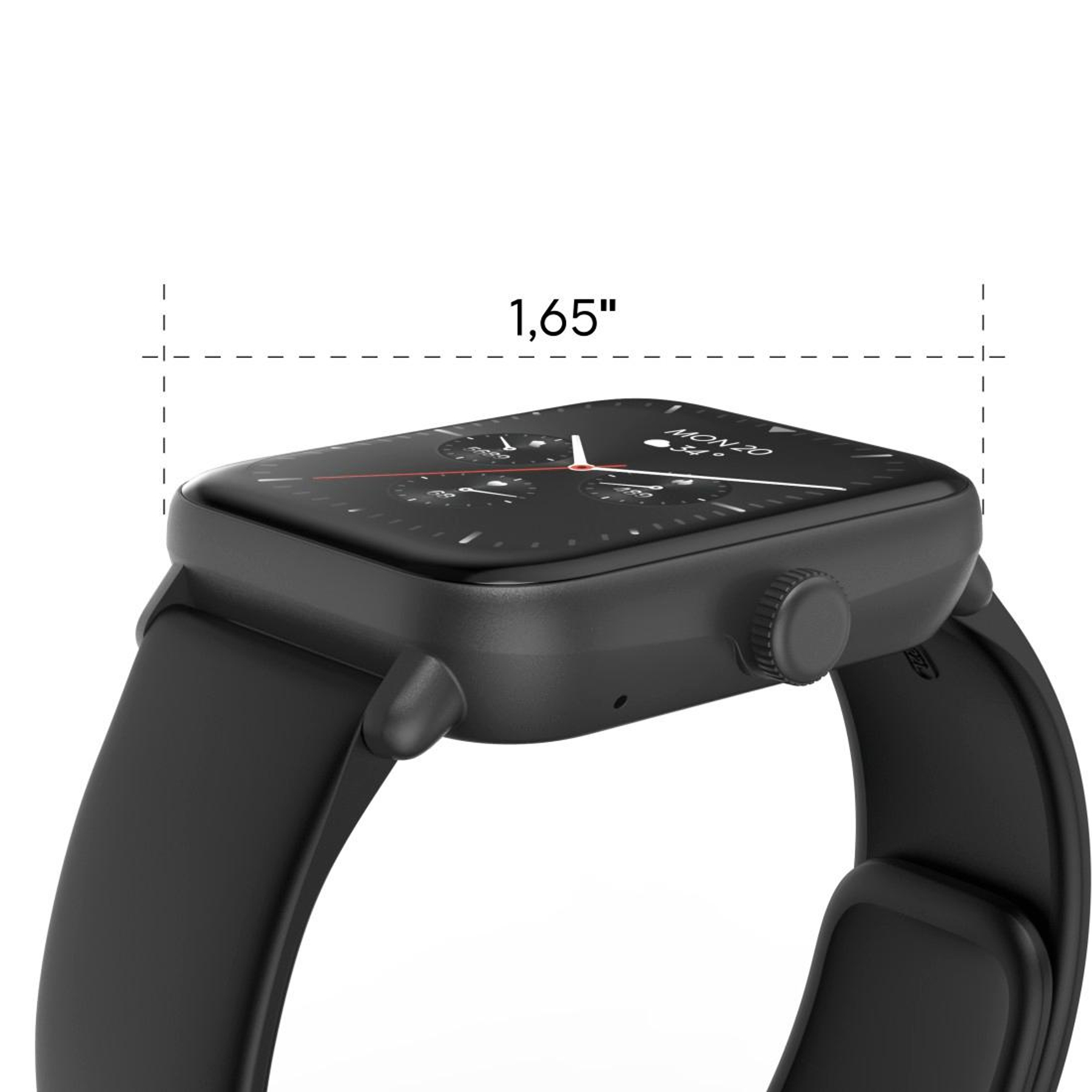 Smartwatch nero con schermo da 1,65 pollici che mostra giorno e temperatura.