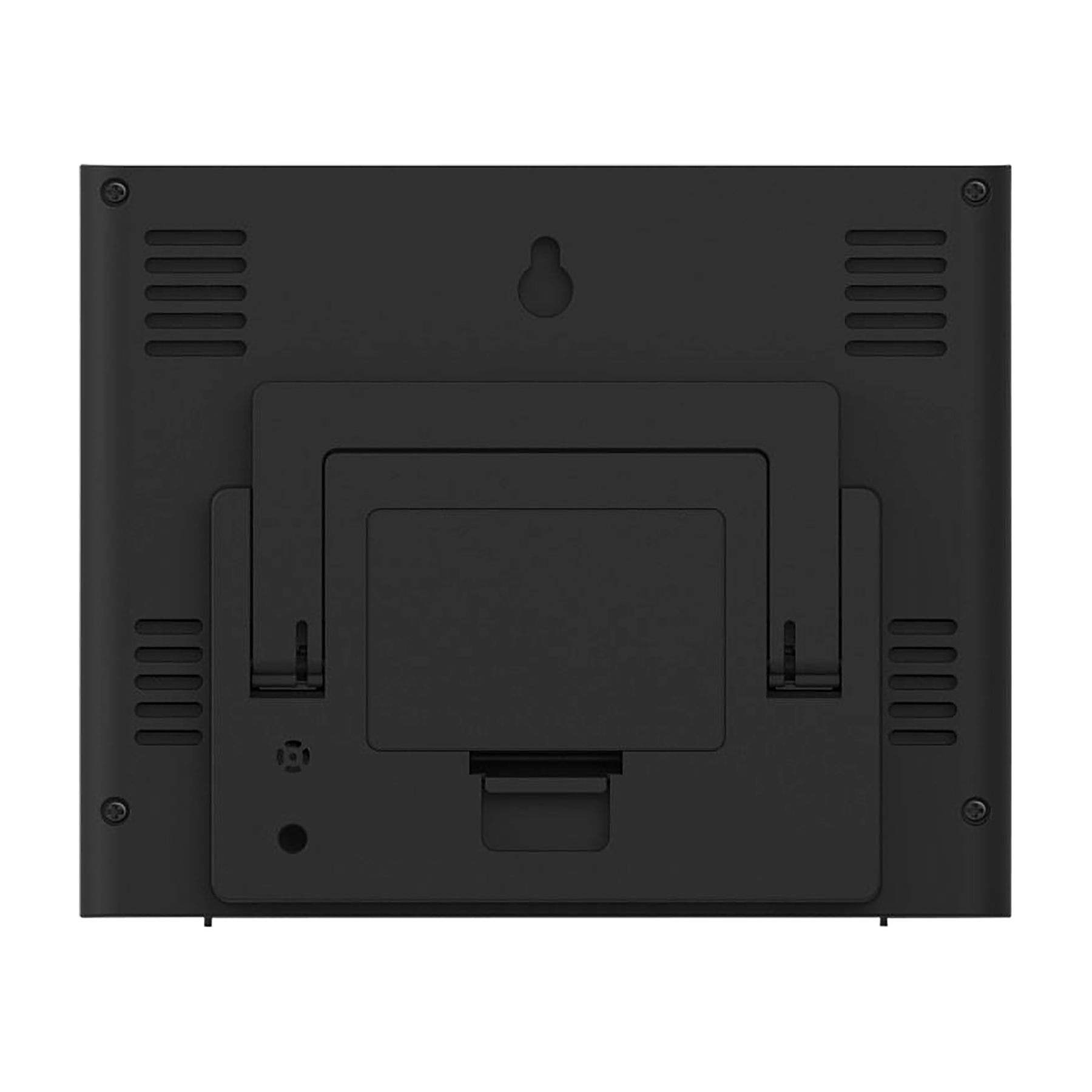 Tył czarnego urządzenia z otworami wentylacyjnymi i rozkładaną podstawką.